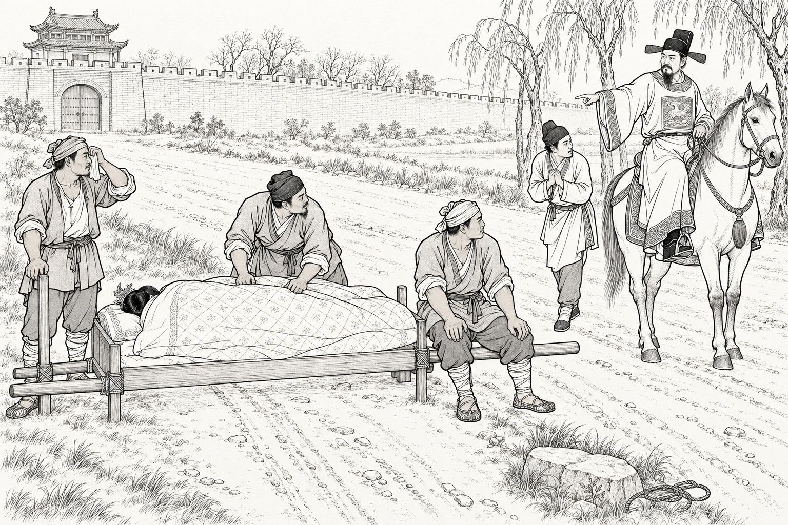 A line drawing in the manner of a late-Qing lithographed edition: on a country road outside a town wall in the early morning, two porters rest beside a set-down bed while a companion bends over it tucking in the quilt over a sleeping woman, and a bearded magistrate on horseback points back at the bed as his attendant bows with joined hands, with a gate tower and willows behind.