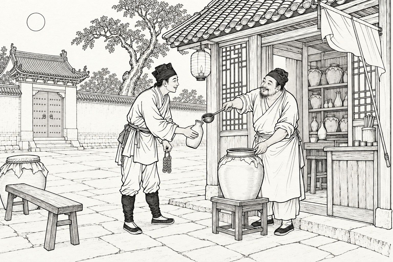 A line drawing in the manner of a late-Qing lithographed edition: on a moonlit night in front of a small wine shop beside a temple wall, a bearded shopkeeper in an apron ladles wine from a large jar into a bottle held out by a smiling runner in a dark cap who carries a string of copper coins, with a hanging lantern, shelves of jars, a bench and a studded gate behind them.