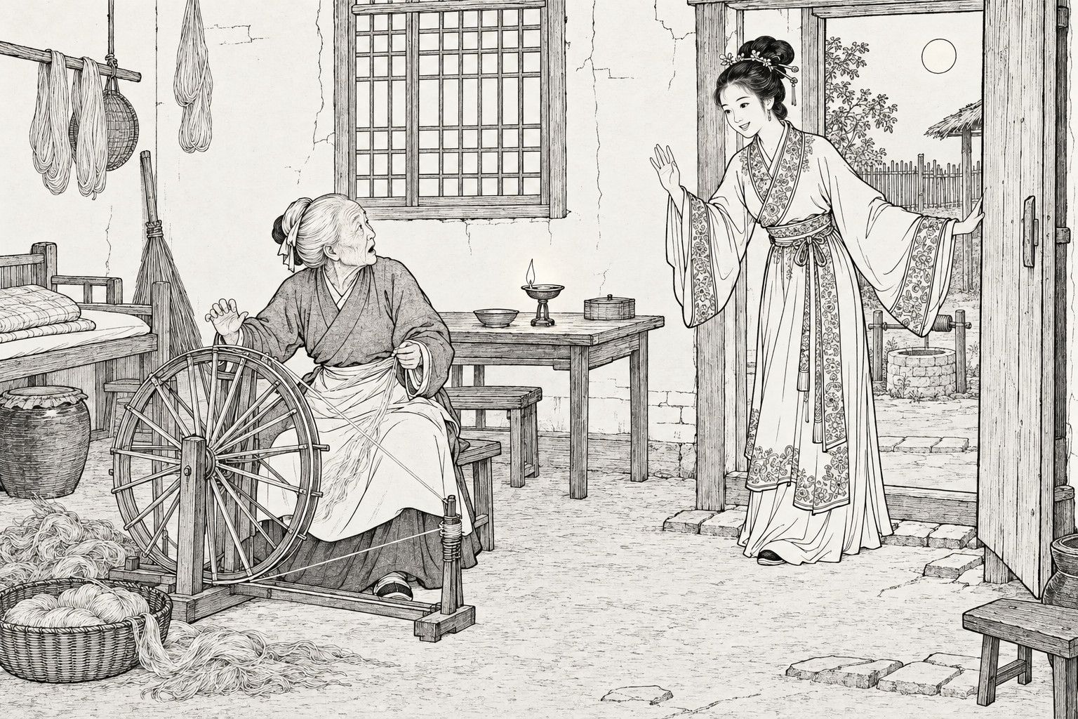 A line drawing in the manner of a late-Qing lithographed edition: on a moonlit night in a poor cottage room, a startled old woman at her spinning wheel turns toward the door, hand raised, while a smiling young woman in an embroidered robe stands in the open doorway, one hand on the door and the other raised in greeting, with a lamp, a lattice window, a bed and a yard with a well behind them.