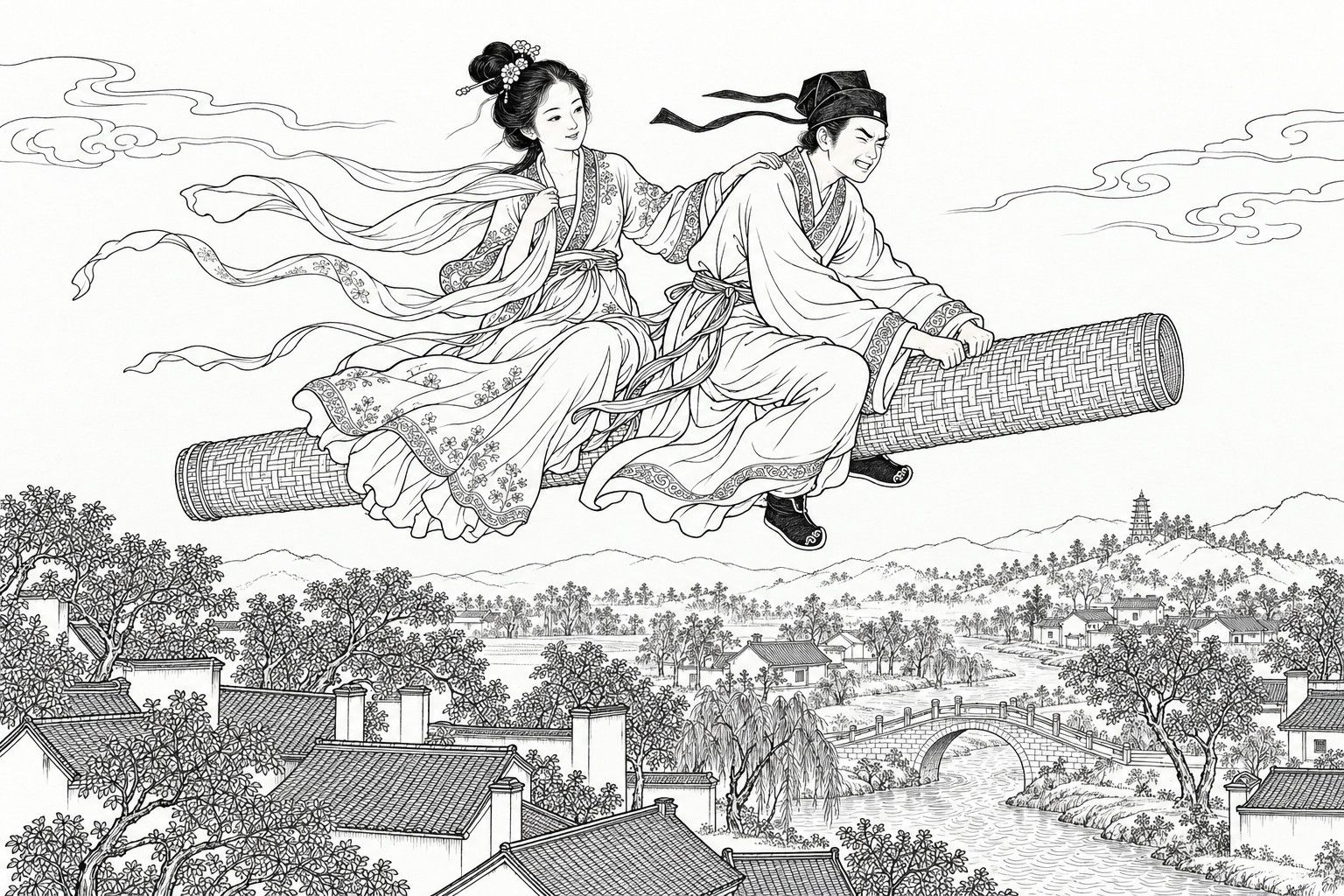 A line drawing in the manner of a late-Qing lithographed edition: in daylight, a young scholar with eyes shut tight and a lady with a gentle smile ride astride a long woven-bamboo bolster through the air above a country village, her hand on his shoulder, their sleeves, ribbons and scarf streaming backward, while tiled roofs, treetops, a stone arch bridge over a winding stream and distant hills with a small pagoda lie below.