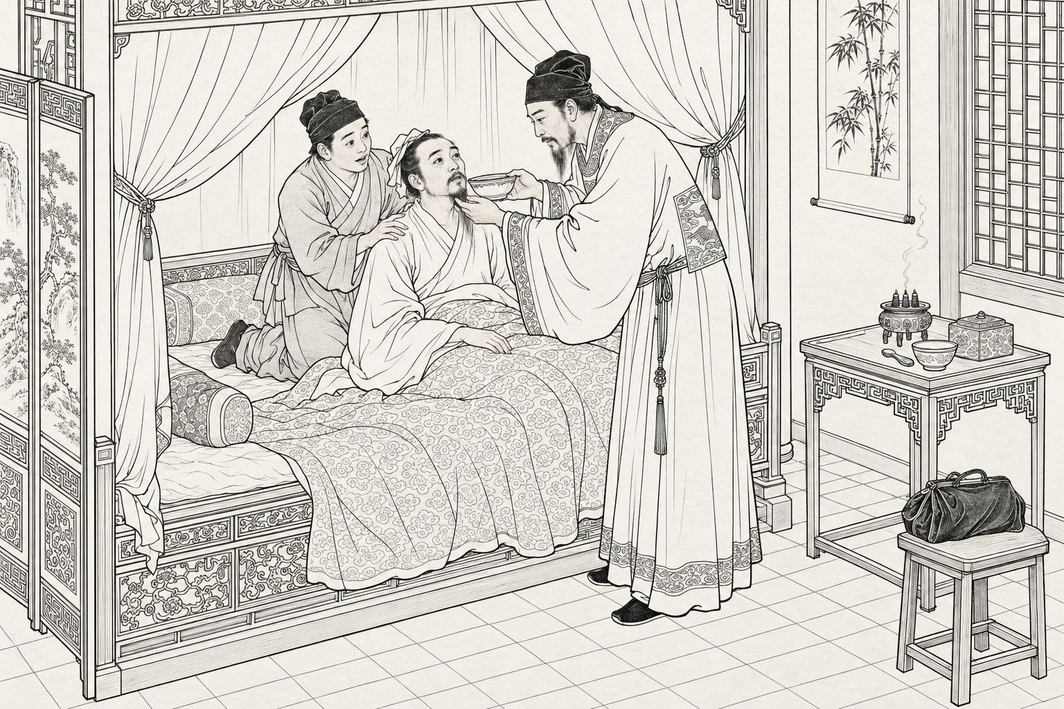 A line drawing in the manner of a late-Qing lithographed edition: in a bedchamber by day, a man just revived sits half upright in a curtained, carved canopy bed while a kneeling servant holds his shoulders and a standing physician in a wide-sleeved gown holds a medicine bowl to his lips and steadies his chin, with a small table of burning moxa cones, a medicine bowl and box, a screen, a lattice window, a bamboo scroll and a stool with a physician's bag around them.