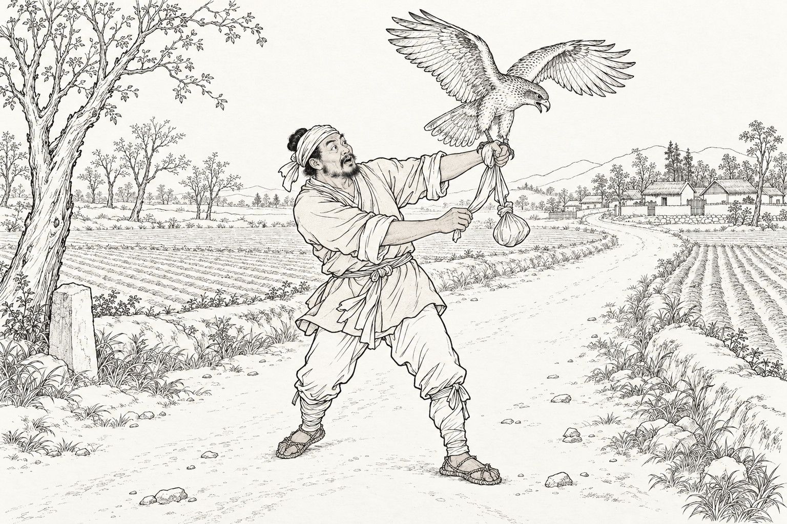 仿清末石印本的线描：白昼乡间土路上，两旁是田垄、疏树和路边石标，远处有茅屋村舍，一个裹头巾、穿粗布短褂的庄稼汉高举一臂，臂上的鹰以巾拴腿、张翅猛扑，他神色惊急，另一手去抓巾端下垂的钱包。