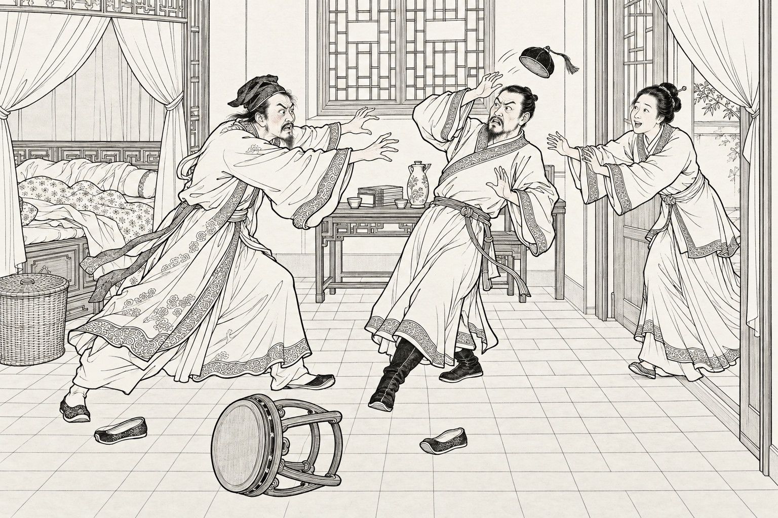 A line drawing in the manner of a late-Qing lithographed edition: in a scholar's bedroom in the morning, a drunken scholar in a loose open gown lunges with both arms outstretched at a manservant, who staggers backward with one hand raised as his small round cap flies off, while the scholar's wife hurries in through the right-hand doorway to steady her husband, with a canopy bed, a bamboo basket, a table with a wine jug and cups, a lattice window and an overturned stool around them.