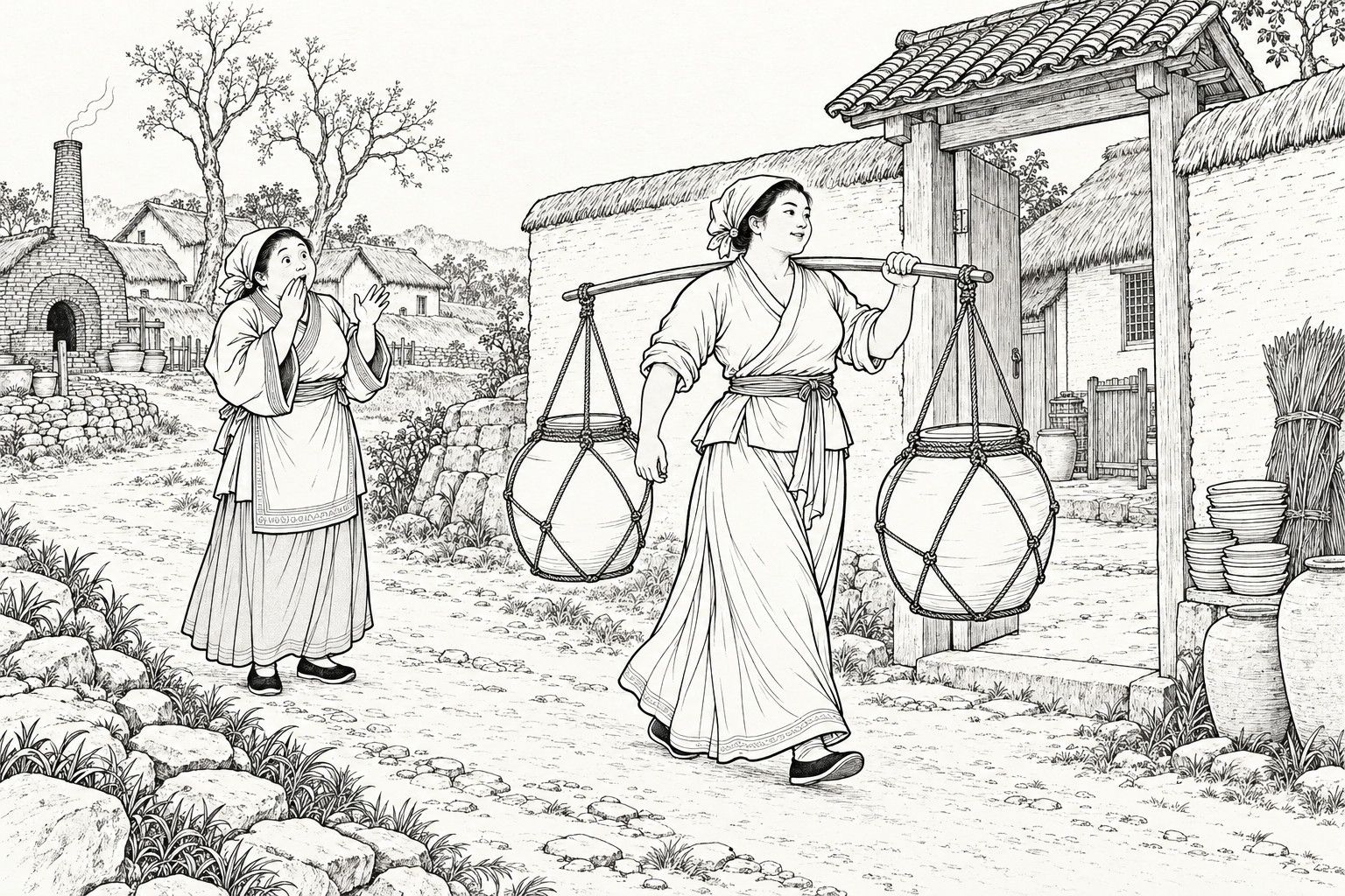 仿清末石印本的線描：清晨磁窰村邊的土巷上，一位包著頭巾的結實農婦肩挑扁擔，兩頭各吊一隻繩網大甕，大步走向敞開的木院門；左邊的鄰婦抬手掩口，滿臉驚訝，四周有磚窯、茅屋、枯樹、夯土院牆、疊放的碗盞陶罐和草捆。