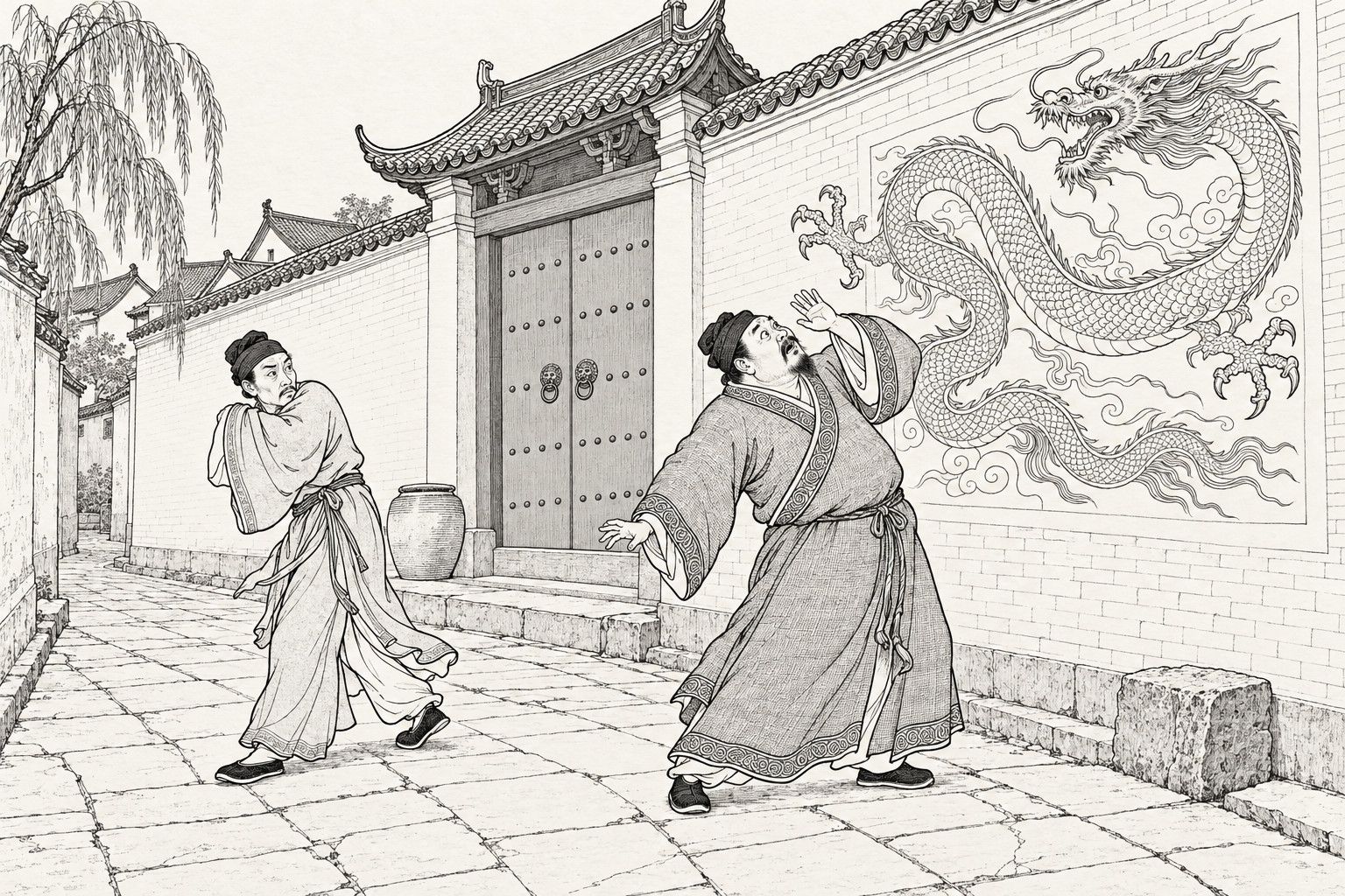 A line drawing in the manner of a late-Qing lithographed edition: in a paved lane by day, beside a tall whitewashed wall with a studded double gate, a plump man in a coarse robe leans back in fright with a hand raised, while a lean companion turns away with a sleeve lifted, both gazing at a great coiled dragon that rises from the wall with its head lifted, with a water jar, a stone block and a willow nearby.