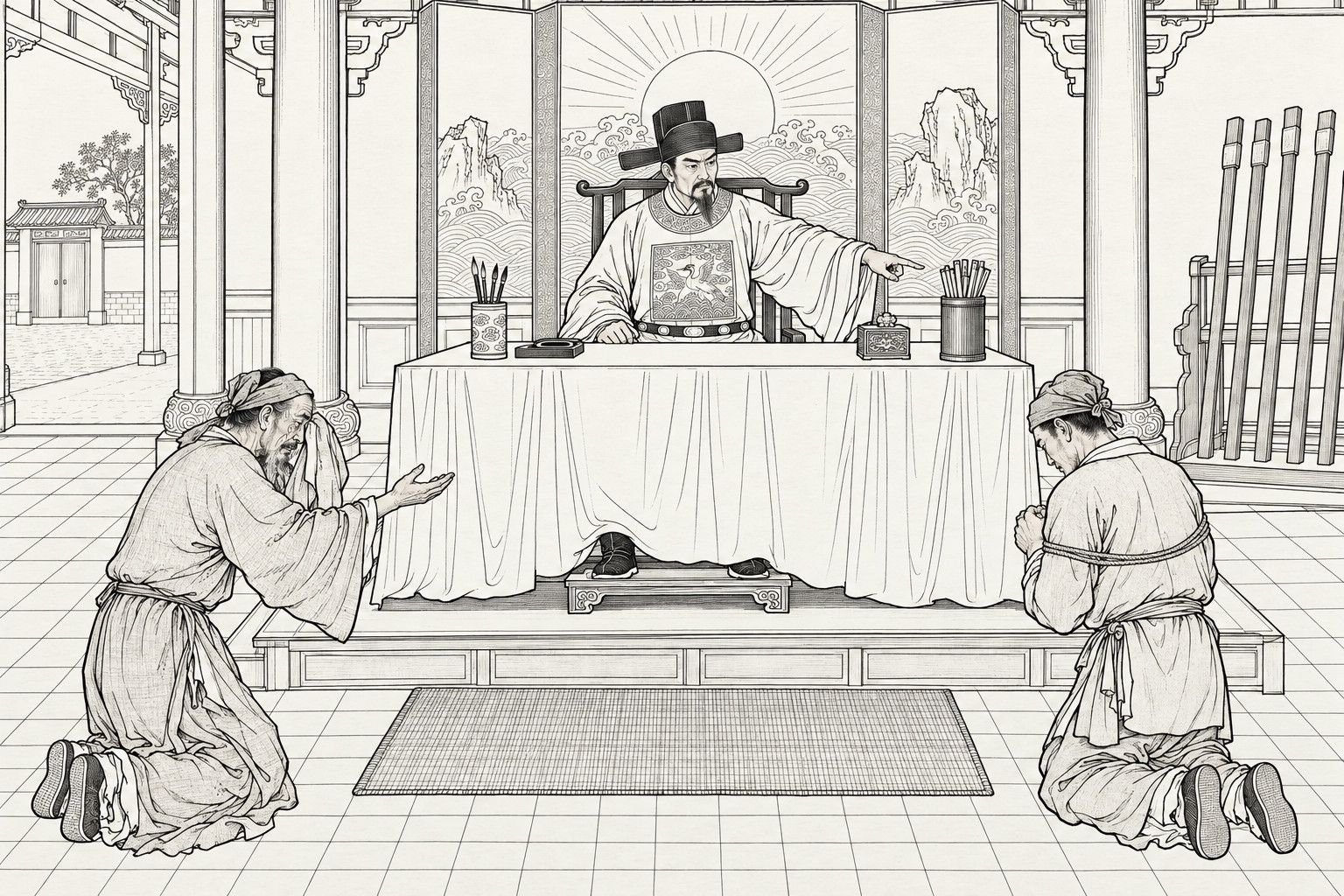 A line drawing in the manner of a late-Qing lithographed edition: in the main hall of a county court by day, a magistrate in a black cap and badged robe sits behind a cloth-draped desk before a screen painted with sun, waves and rocks, and points at a bound servant kneeling with bowed head and clasped hands, while a weeping old man kneels at the left with one hand to his face and the other held open in appeal.