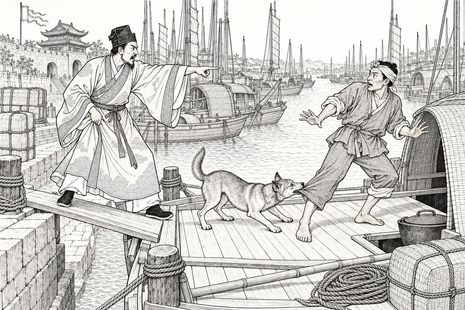 A line drawing in the manner of a late-Qing lithographed edition: on a crowded river wharf by day, a bearded man in a scholar's cap and wide-sleeved gown stands on a gangplank and points angrily, while a dog on the boat deck clamps its teeth on the trouser leg of a startled barefoot boatman in a headband, with moored boats, masts, sails, rope coils, cargo bales and a city gatehouse behind.