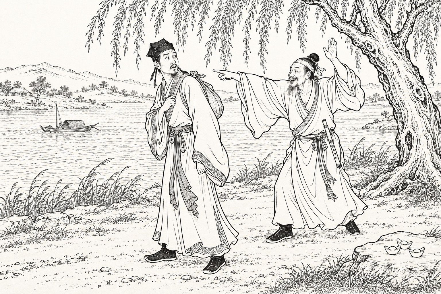 A line drawing in the manner of a late-Qing lithographed edition: on a willow-shaded riverside road by day, a thin scholar with a bundle on his back turns his head in surprise, mouth open, while a laughing Daoist with a flute in his sash points far across the water with one arm and raises the other hand behind him, with a small boat and low hills on the river and silver ingots on a flat stone in the foreground.