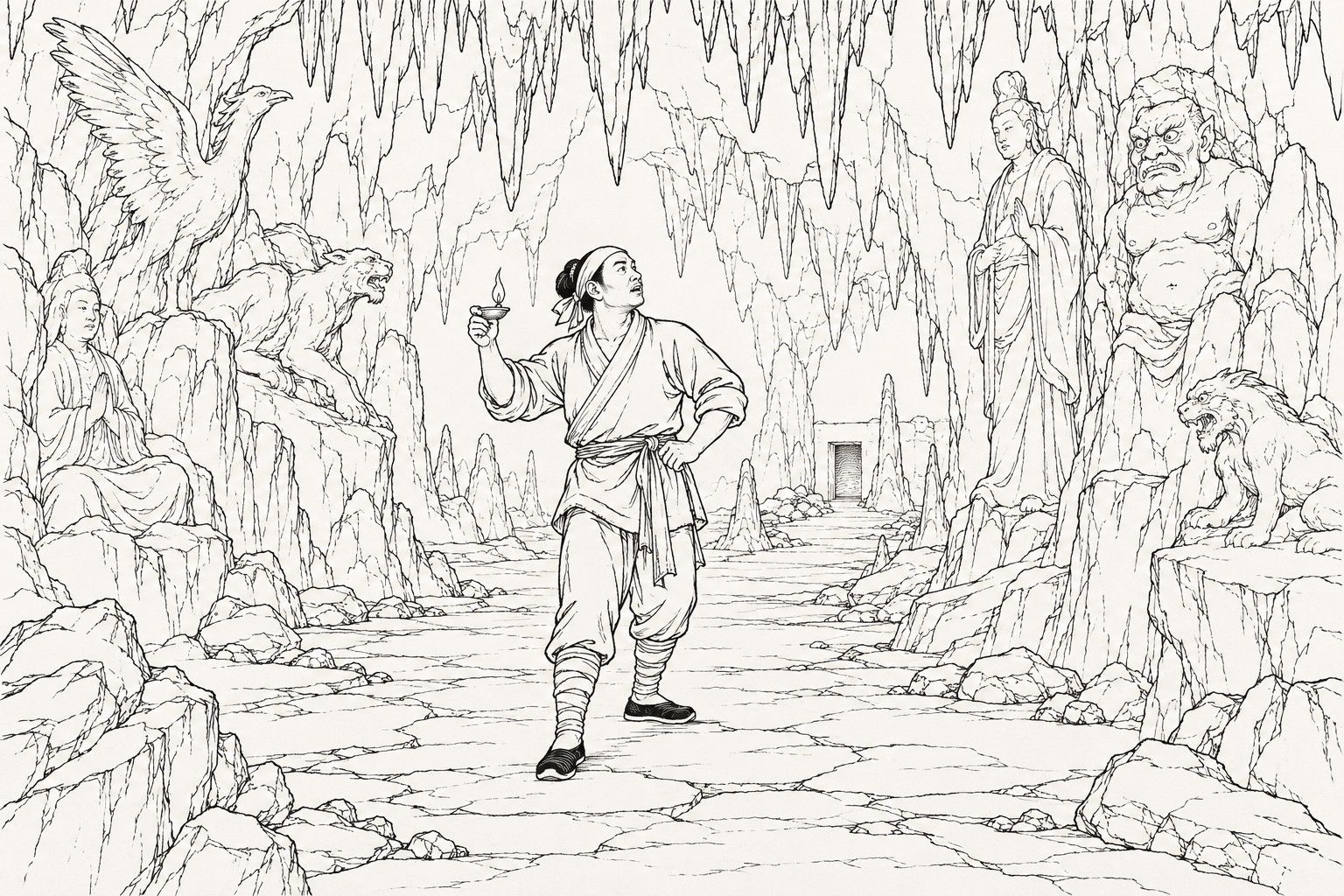 A line drawing in the manner of a late-Qing lithographed edition: inside a tall cave lit only by a small lamp, a village man in a headcloth and short jacket stands on a flat rocky path, holding the lamp high with one hand on his hip and looking up warily at rocks shaped like a winged bird, beasts, a seated figure with folded hands, a standing figure and a scowling goblin, with jagged stone points hanging overhead and a small square doorway far down the passage.