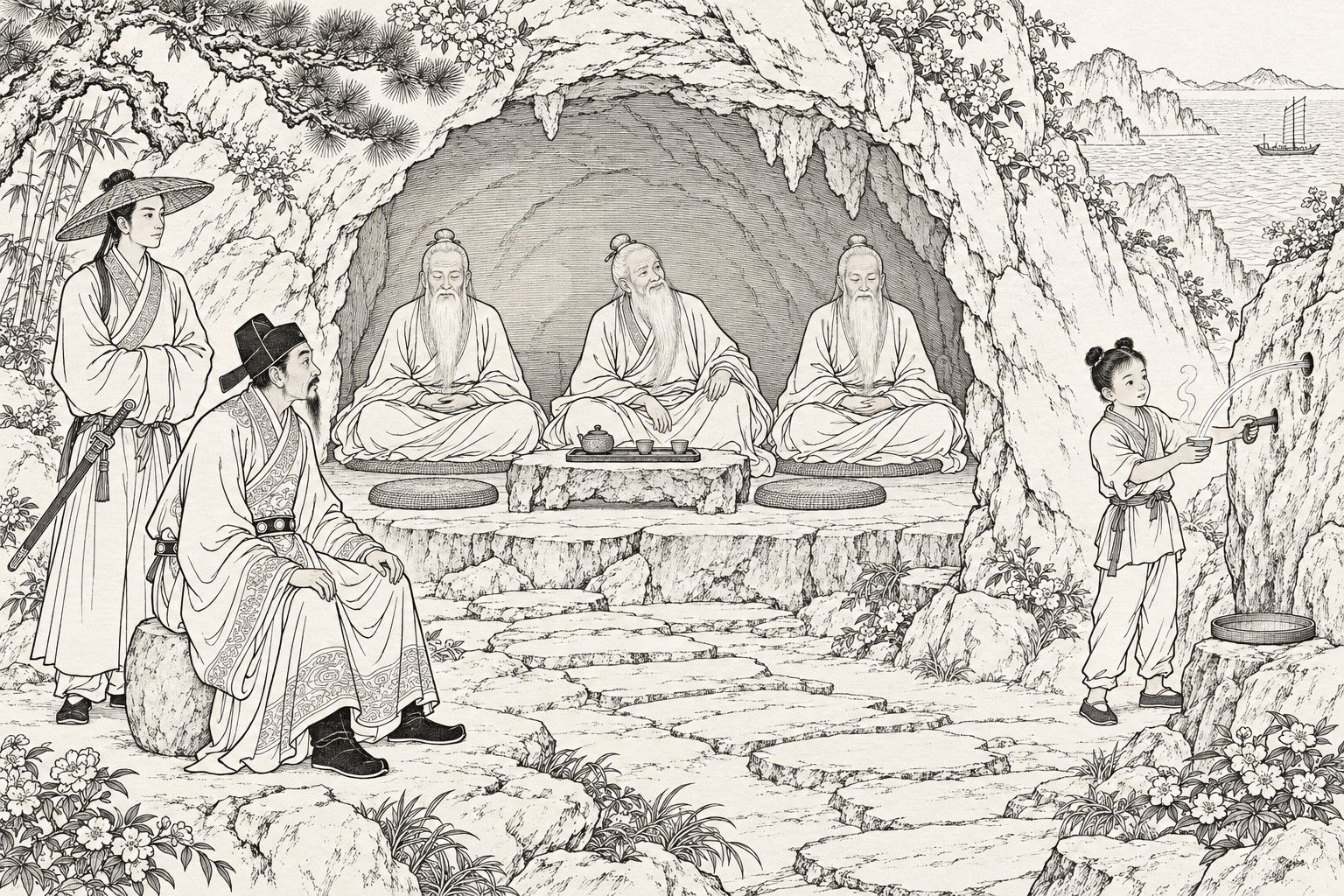 A line drawing in the manner of a late-Qing lithographed edition: by day at the mouth of a flower-covered mountain grotto beside the sea, three white-bearded old hermits sit cross-legged on a stone platform, an official in a black cap sits on a stone stool in front of them with a sword-bearing man in a broad hat standing behind him, and at the right a boy pulls an iron spike from the rock wall and catches the jet of water in a small cup, steam rising from it.