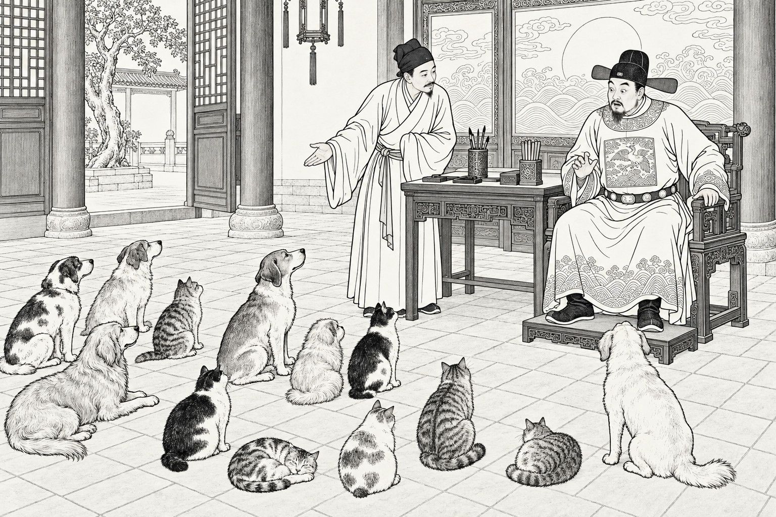 A line drawing in the manner of a late-Qing lithographed edition: in the main hall of a county office by daylight, a seated official in a winged black cap looks in astonishment at a dozen cats and dogs sitting in rows on the brick floor, while a standing clerk in a plain long gown bows and opens one hand toward them, beside a desk with a brush pot, a screen painted with sun and waves, round pillars and a lattice door onto a courtyard tree.