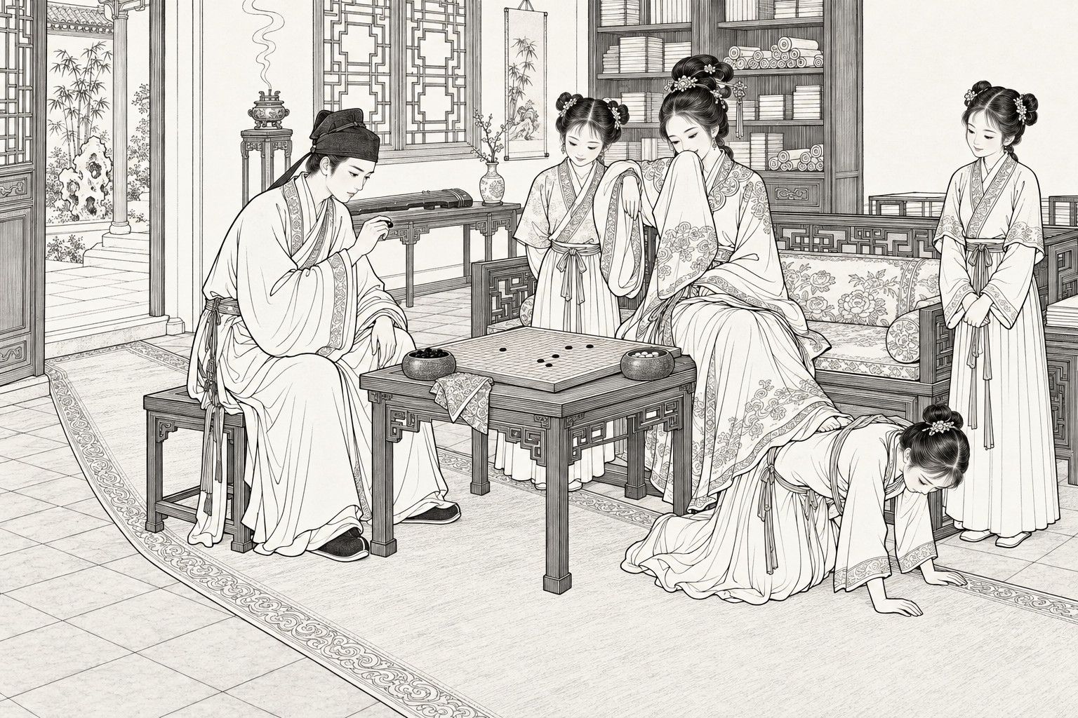 A line drawing in the manner of a late-Qing lithographed edition: in daylight in a scholar's study with a bookcase, lattice window and an open door onto a bamboo courtyard, a young scholar on a stool holds a black stone over a weiqi board while a richly dressed young lady on a couch smiles behind her sleeve, one elbow on a little maid's shoulder and her feet resting on the back of a kneeling maid, with another little maid standing at the end of the couch and a patterned carpet running from the door.
