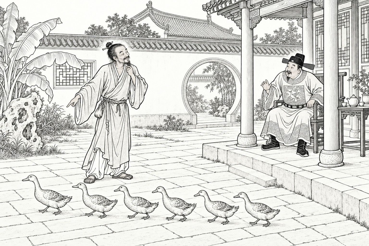 A line drawing in the manner of a late-Qing lithographed edition: in the rear courtyard of a county office by day, a rustic Daoist with a hair knot and wide-sleeved robe points at a line of six ducks crossing the flagstones while stroking his beard, as a stout official in a winged black cap, seated in an armchair under the veranda, raises a hand in astonishment, with a banana plant, garden rock, whitewashed wall and moon gate behind.