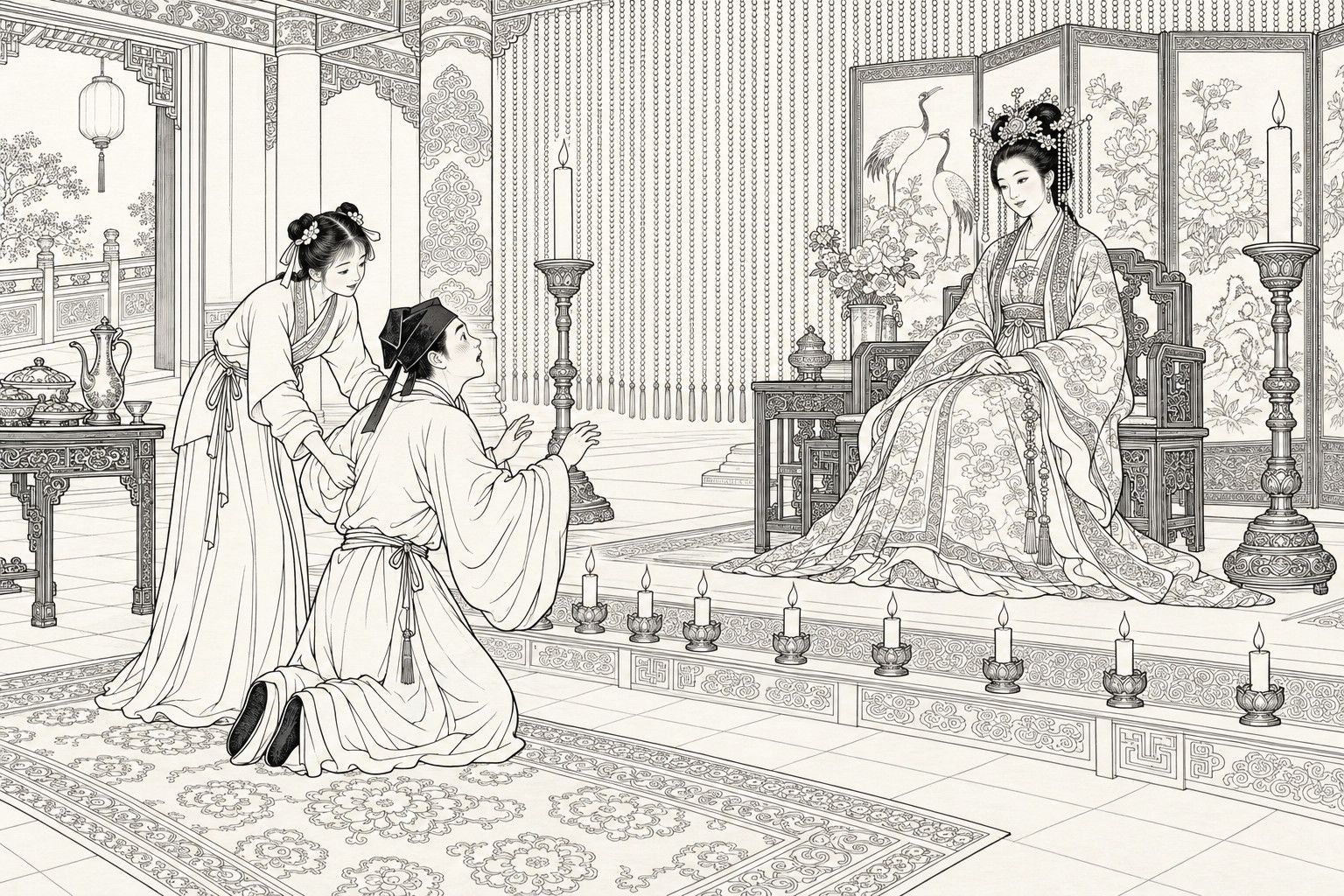 仿清末石印本的线描：夜晚珠帘低垂、烛火通明的华堂里，盛装美人端坐于矮台雕花椅上，身后立着仙鹤牡丹屏风，一位惊呆的书生双膝跪地、抬手仰望，一名年轻侍女俯身搀扶他的手臂，四周有高烛、台前排列的短烛、花纹地毯和摆着壶碗的案几。