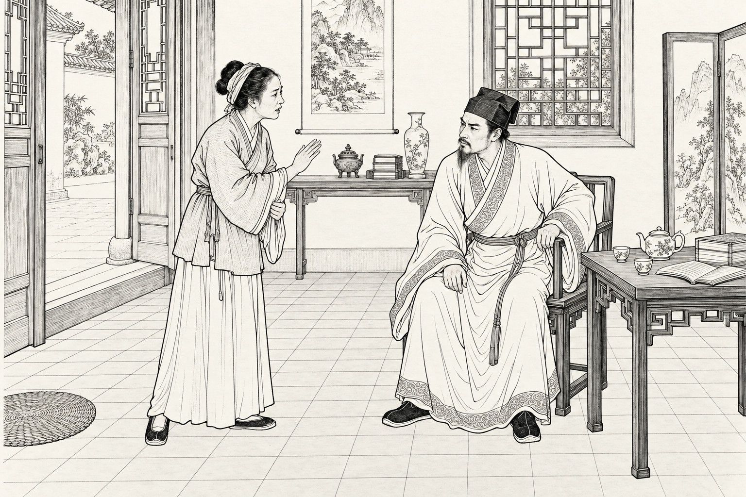 A line drawing in the manner of a late-Qing lithographed edition: in the main hall of a scholar's house by daylight, a plainly dressed woman with a cloth-wrapped bun stands with one hand raised, pleading earnestly, while a bearded scholar in cap and wide-sleeved gown sits frowning in a wooden chair and listens, with a lattice window, a landscape scroll, a side table with incense burner and vase, a tea table with teapot and open book, a folding screen and an open door to the courtyard around them.