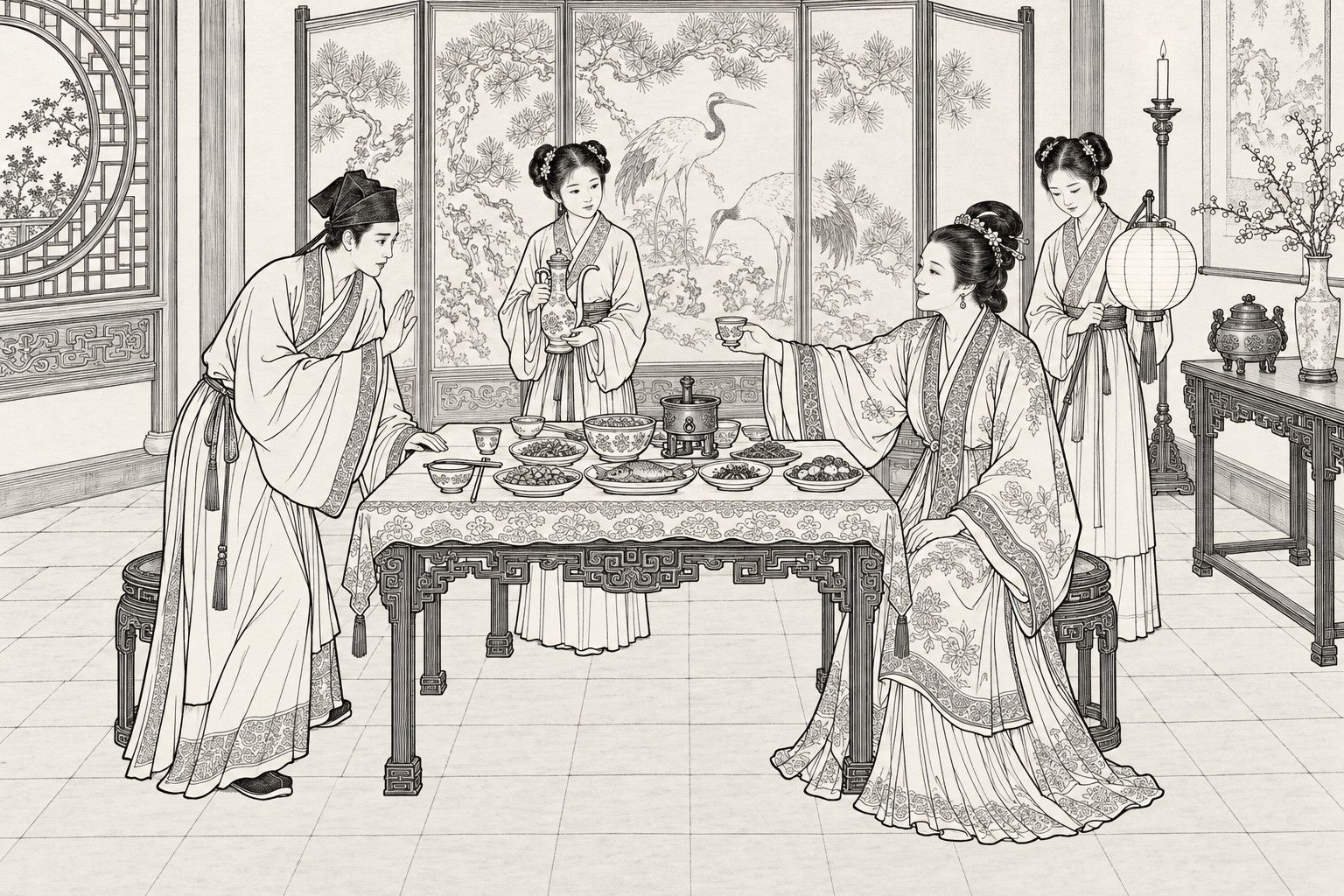 仿清末石印本的線描：夜間大宅廳堂裡，一位和善的中年夫人坐在擺滿菜餚的宴桌旁伸手遞出酒杯，戴軟巾的青年書生俯身抬手作揖謝酒，身後一名雙鬟小婢執酒壺、另一名提紙燈籠侍立，背景有松鶴屏風、圓格窗、燭臺和擺著梅瓶的邊桌。