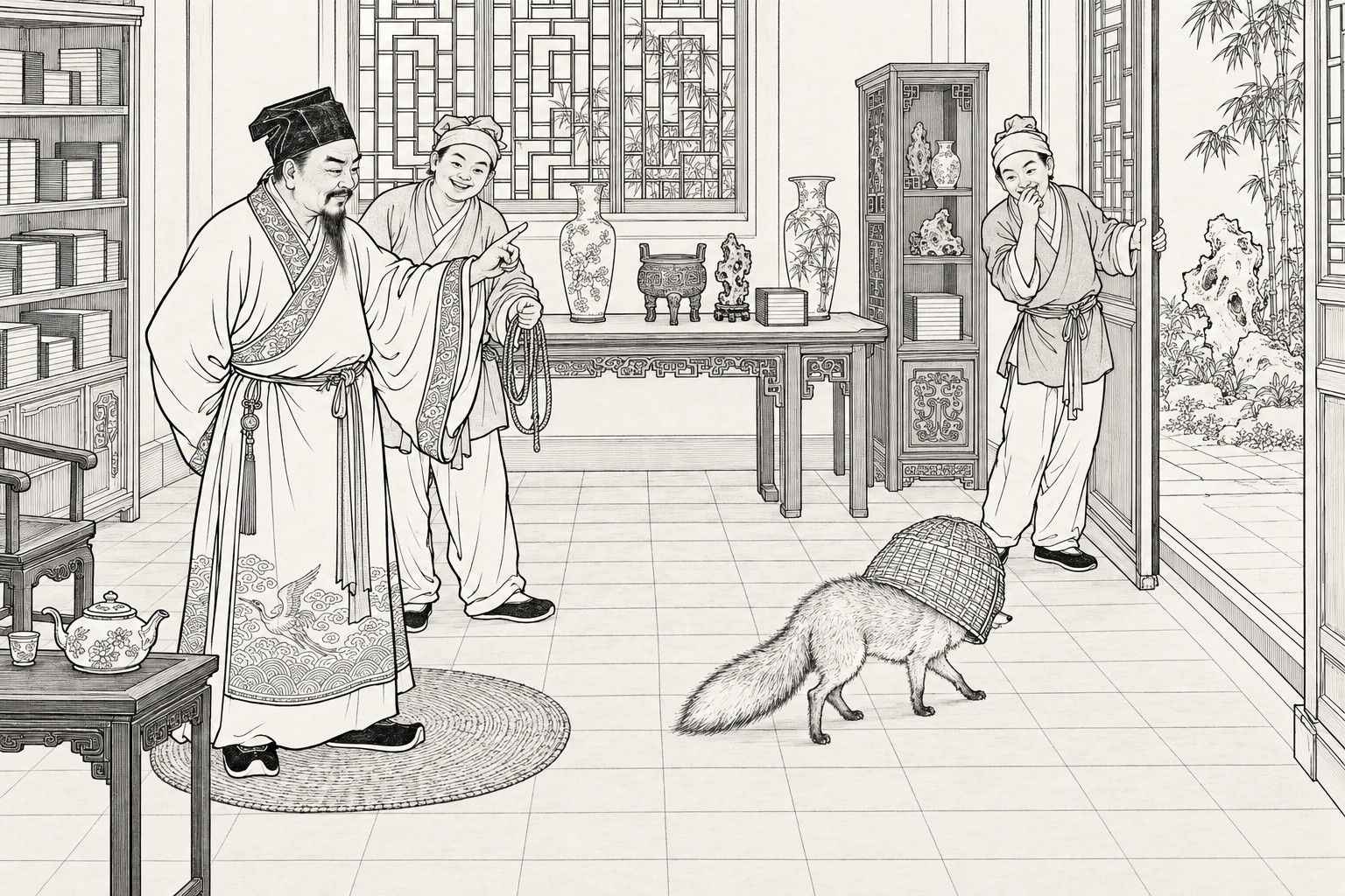 A line drawing in the manner of a late-Qing lithographed edition: in a scholar's study by day, a bearded elderly scholar in a wide-sleeved gown points a finger at a fox trotting across the brick floor with a woven basket clapped over its head, while one young servant behind him grins holding a loose cord and another by the open door covers his mouth to hold back laughter, with vases, a bronze tripod, a curio cabinet and bookshelves behind and bamboo and a garden rock beyond the doorway.