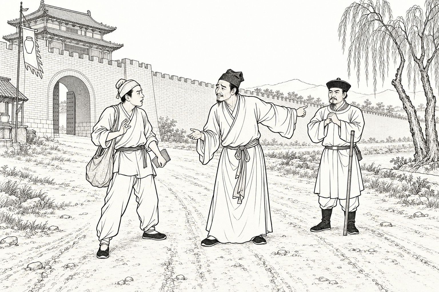 A line drawing in the manner of a late-Qing lithographed edition: on a bright day on the dirt road outside a walled city's arched gate, a young man with a shoulder bag and account book raises his hand in surprise at an older man in a long gown, who gestures helplessly and points back at a hat-wearing runner with a staff standing with hands clasped, with the gate tower, a long brick wall, a wine flag, a willow and distant hills behind.