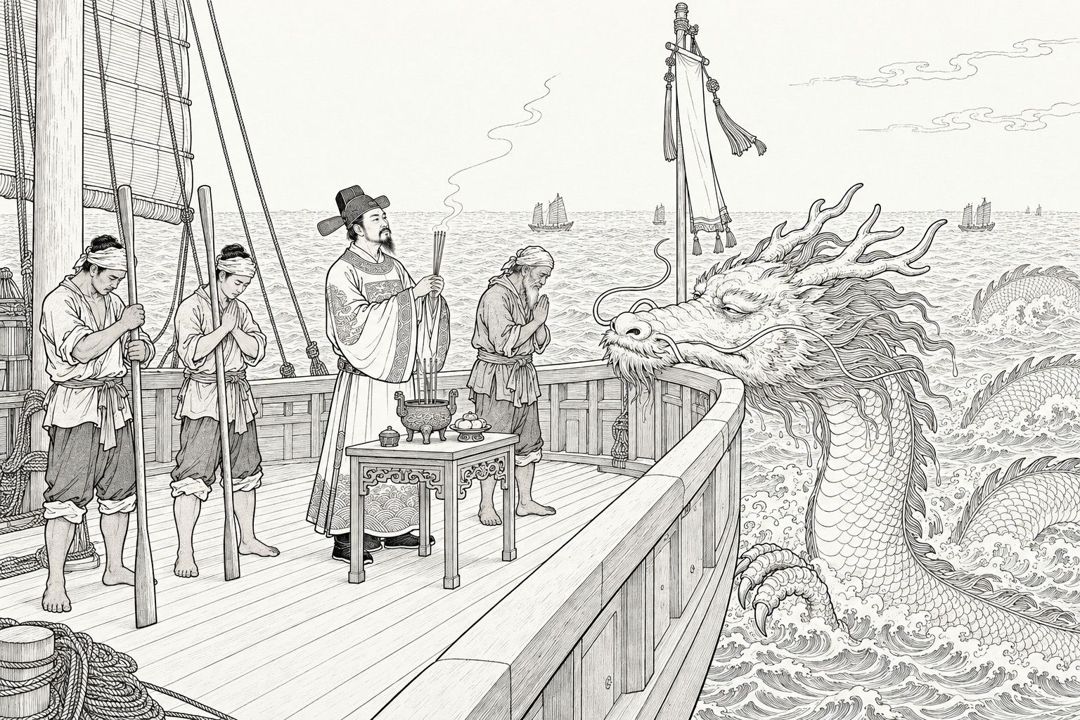 A line drawing in the manner of a late-Qing lithographed edition: on the bow deck of a sea-going ship in daylight, a robed official in a winged black hat holds burning incense behind a small table with a bronze censer, an old bearded helmsman and two headcloth-wearing sailors with upright oars stand with hands joined and heads bowed, while a huge weary dragon rests its chin on the bow rail beside a pole hung with a tasseled banner, with rows of waves and distant sails beyond.