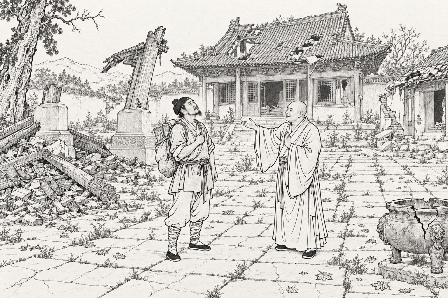 A line drawing in the manner of a late-Qing lithographed edition: in the courtyard of a ruined temple in autumn daylight, a travelling cloth merchant with a pack on his back looks up with a sigh while a smiling shaven-headed monk presses one palm upright and gestures toward the fallen gate, with a broken hall, a heap of tiles and beams, a cracked incense burner and weed-grown flagstones around them.