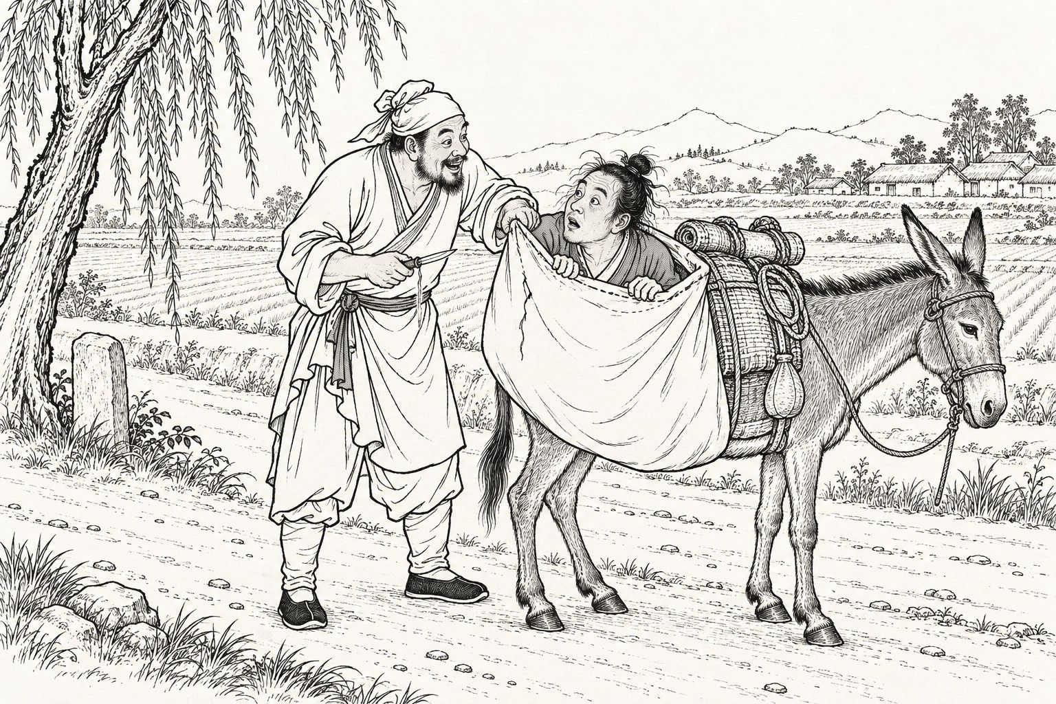 A line drawing in the manner of a late-Qing lithographed edition: on a country road in autumn daylight, a bearded traveller in a head-wrap and long gown leans over a donkey, holding open the mouth of a cloth bedding sack with one hand and a small knife with a cut thread in the other, while a dishevelled, wide-eyed man rises to his chest out of the sack, with a willow, a stone marker, furrowed fields and distant thatched houses behind.
