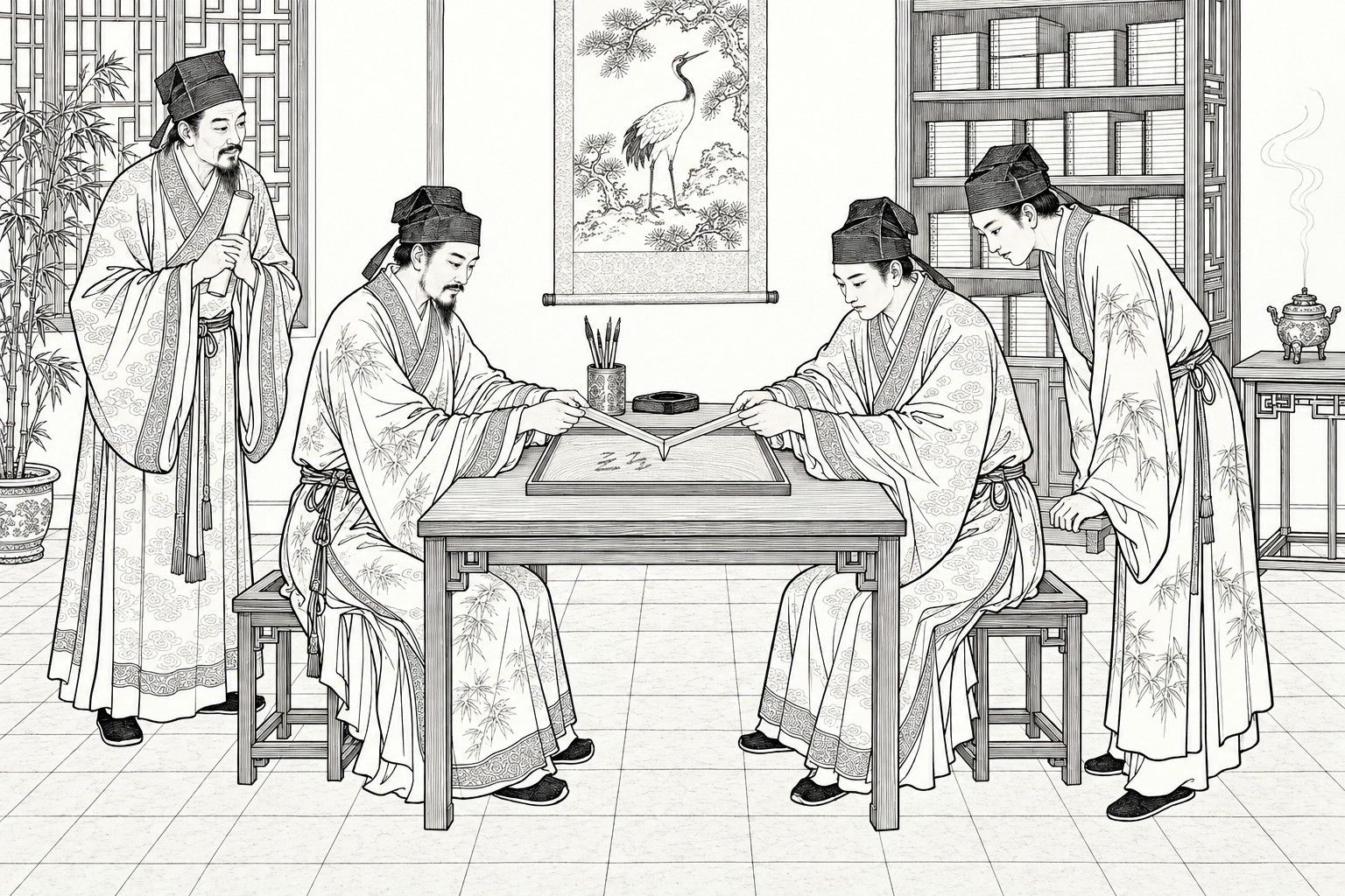 A line drawing in the manner of a late-Qing lithographed edition: In a scholar's study by day, two seated men in scholar's caps and wide-sleeved gowns each hold one arm of a forked planchette whose point rests in a tray of sand on a small table, while a bearded scholar stands at the left holding a rolled essay and a young scholar bends forward at the right to read the marks, with a crane-and-pine scroll, a lattice window, a bookcase, a bamboo plant and an incense burner behind them.