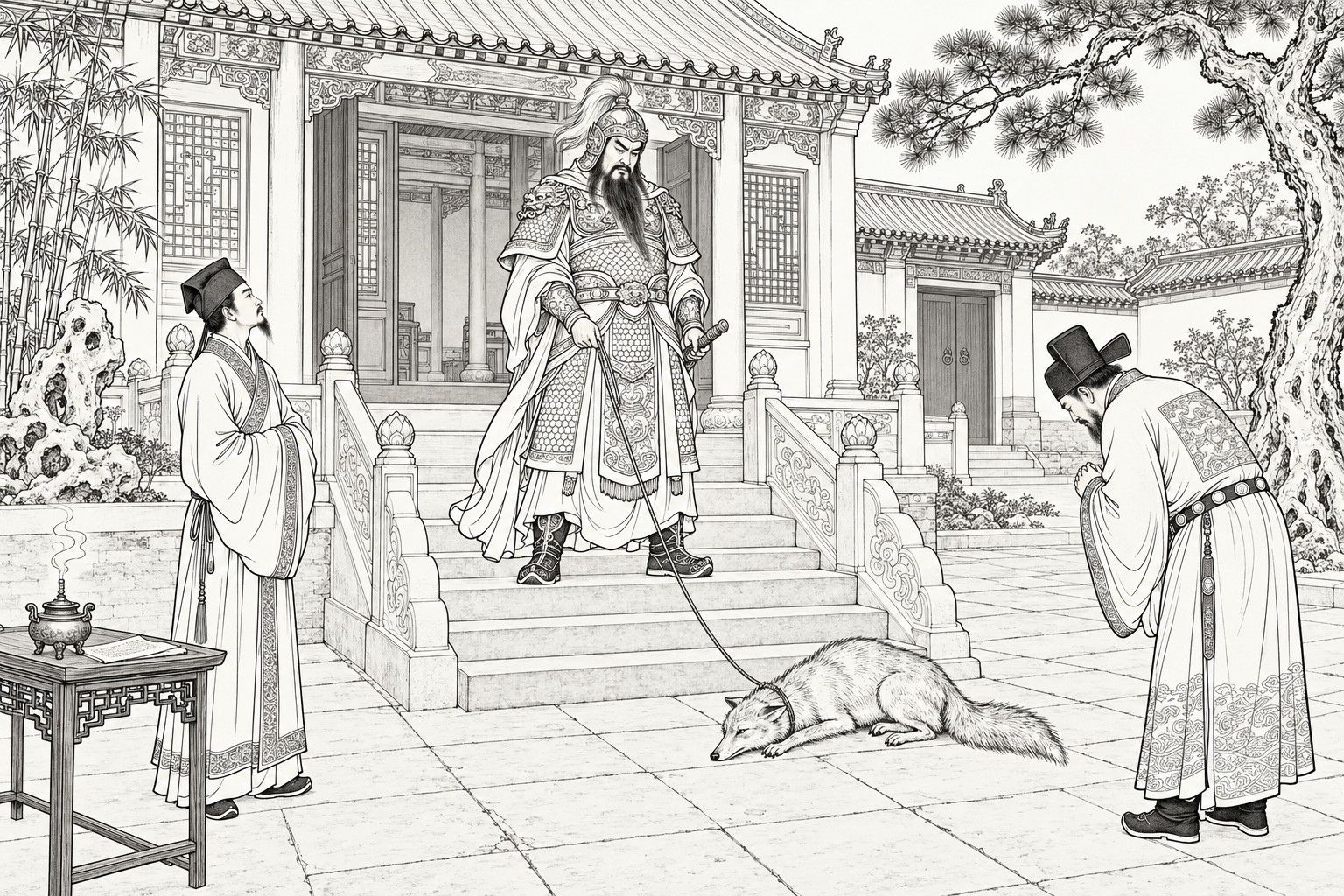A line drawing in the manner of a late-Qing lithographed edition: in the daytime courtyard of an officer's residence, a bearded god in plumed armour stands on the stone steps before the hall holding a cord whose other end is looped around a fox lying flat at the foot of the steps, while a scholar with hands joined looks up at him from the left and an official in a gauze hat bows deeply on the right, with a pine, bamboo, a garden rock and a small table with an incense burner around them.
