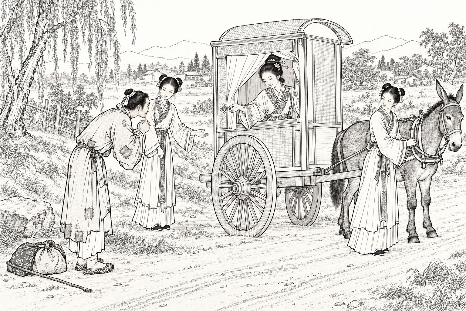 A line drawing in the manner of a late-Qing lithographed edition: on a country road beside a small curtained carriage, a poor scholar in patched clothes bows with joined hands while a young lady in the carriage window lifts the curtain and holds out a flower, a maid beckons him forward and another maid holds the bridle of the mule, with willows, a fence and distant hills behind.