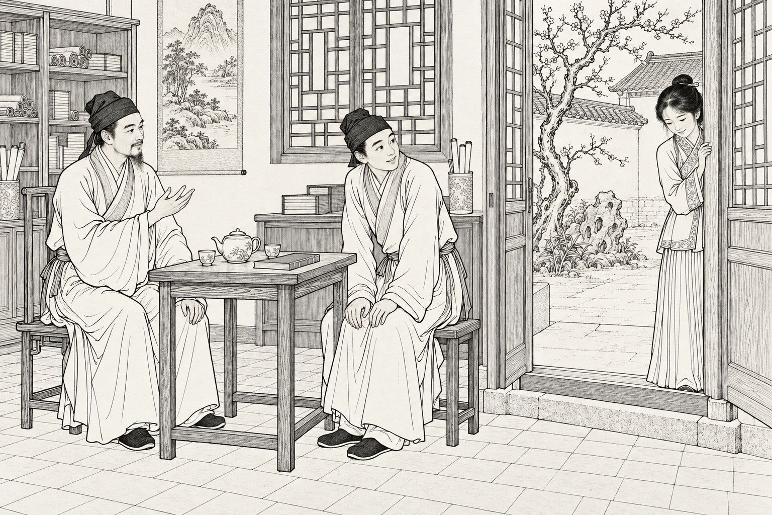 A line drawing in the manner of a late-Qing lithographed edition: in a village study by day in early spring, a bearded man in a cloth cap sits at a small table raising one hand as he talks, while a younger man in a cap sits opposite listening, and outside the open door a young girl stands half hidden at the doorpost with her head lowered and a faint smile, with a bookcase, scrolls, a lattice window, a teapot and cups, and a courtyard with a blossoming plum tree and a garden rock.