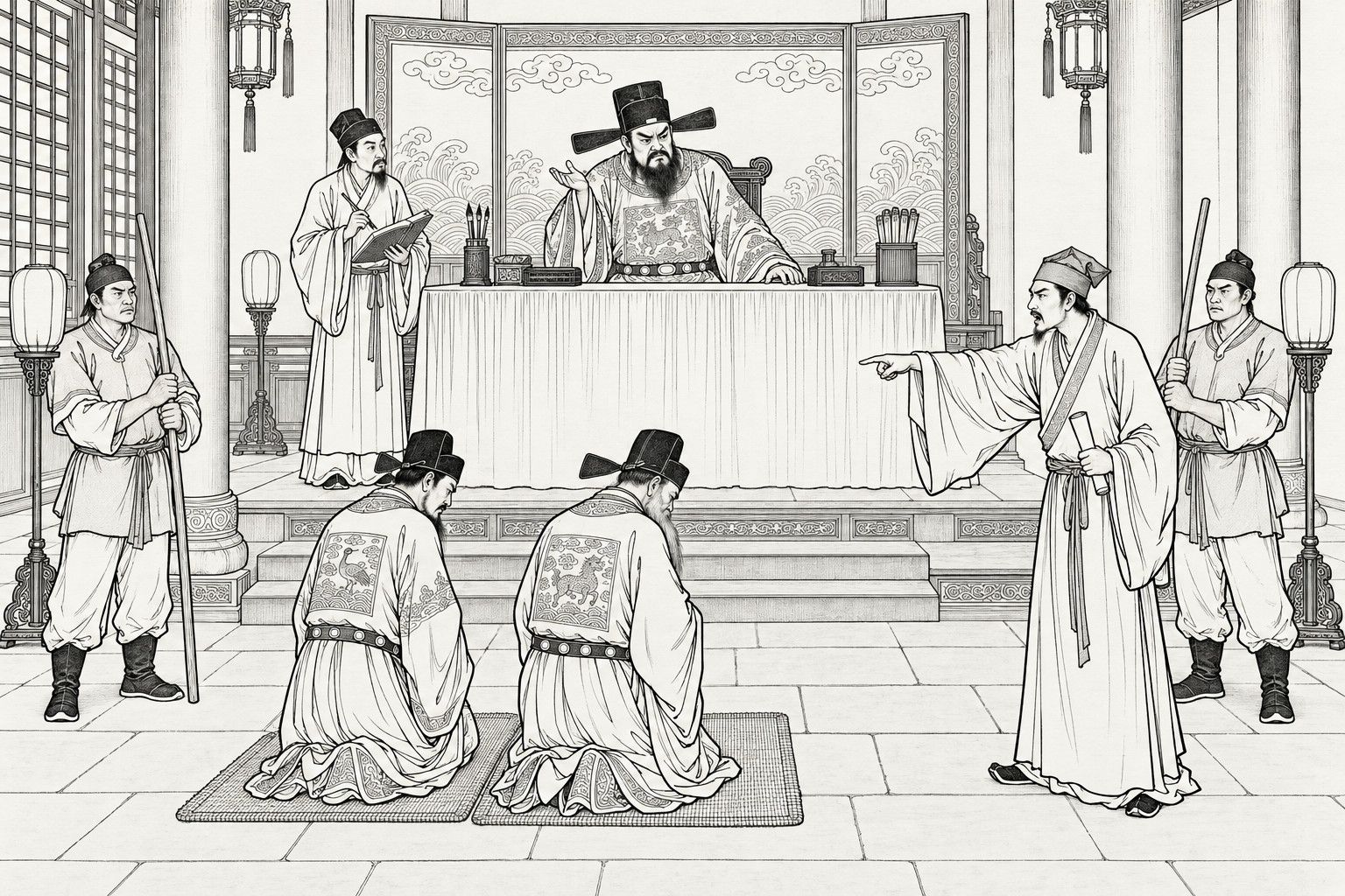 A line drawing in the manner of a late-Qing lithographed edition: inside a stern court hall, a bearded magistrate in a winged black cap sits behind a high draped desk before a wave-patterned folding screen with one hand raised in a helpless gesture, while two officials in badge-fronted robes kneel on mats with bowed heads, a lean scholar holding a scroll points at them and cries out, two runners with long rods stand at the sides, and a clerk with a register waits beside the desk.