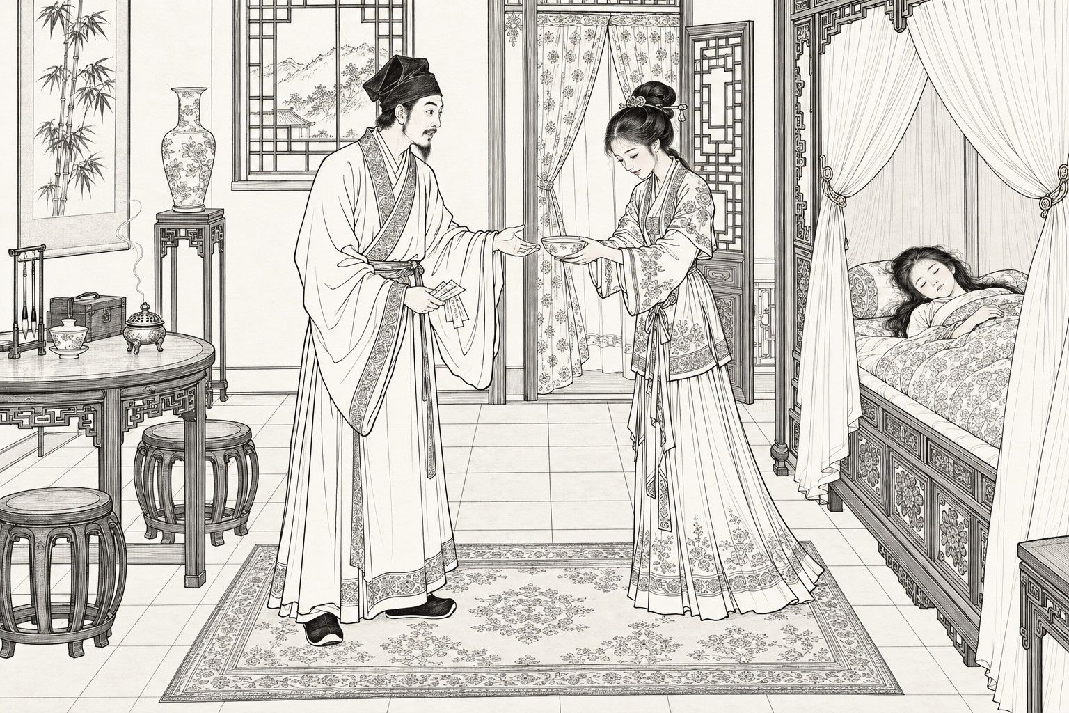 A line drawing in the manner of a late-Qing lithographed edition: on a bright morning in a well-furnished bedroom of a mountain-village house, a bearded scholar-exorcist in a wide-sleeved gown holds talisman papers and reaches out to take a bowl of water from a young woman who steps forward with lowered eyes, while a sick girl sleeps behind hooked-back gauze curtains on a carved bed, with a round table, incense burner, vase, bamboo scroll and lattice window around them.