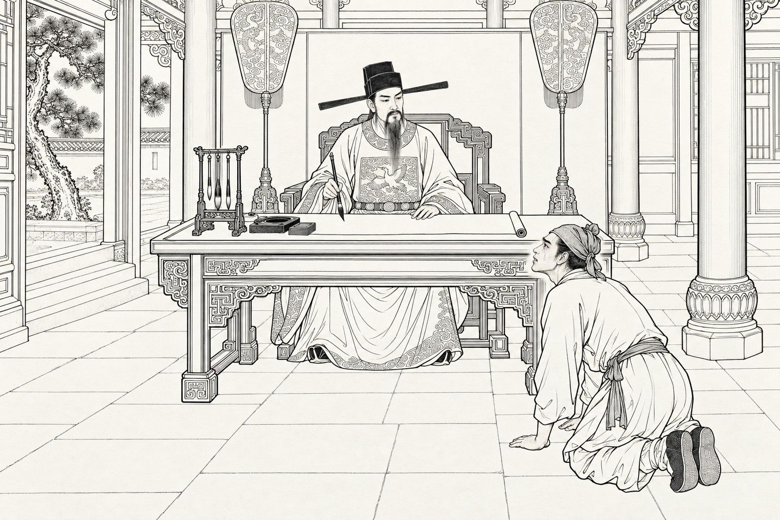 A line drawing in the manner of a late-Qing lithographed edition: in the hall of a government office with dragon-patterned fans on stands behind him, a grave long-bearded official in a winged black cap and a robe with a crane badge sits behind a broad desk writing with a large brush on a long sheet of paper, a brush rack, an inkstone and a scroll on the desk; a plainly dressed young man in a head-cloth kneels before the desk with both hands on the floor, looking up at him with tearful eyes.