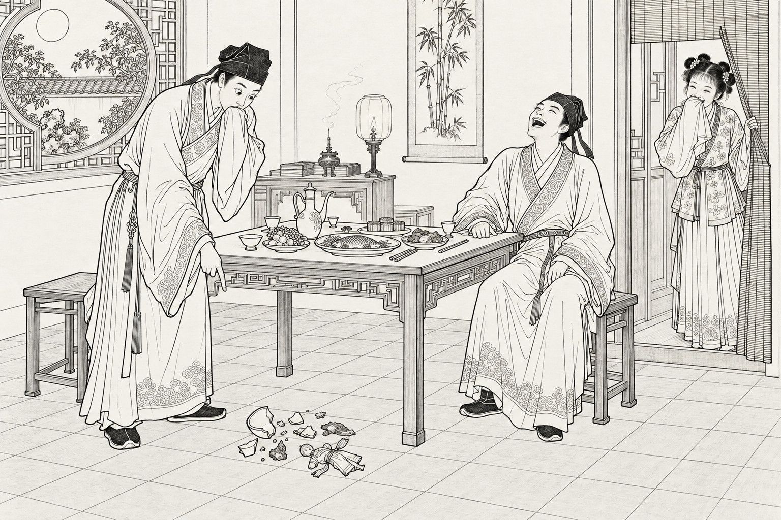 A line drawing in the manner of a late-Qing lithographed edition: on a mid-autumn night in a scholar's inner room, a young gentleman bends over with his sleeve at his mouth and points in astonishment at a tiny cloth figure and broken bowl on the brick floor, while his host laughs with his head thrown back at a table laid with a feast and a girl in the bamboo-curtained doorway laughs behind her sleeve, a round window with the moon beside them.