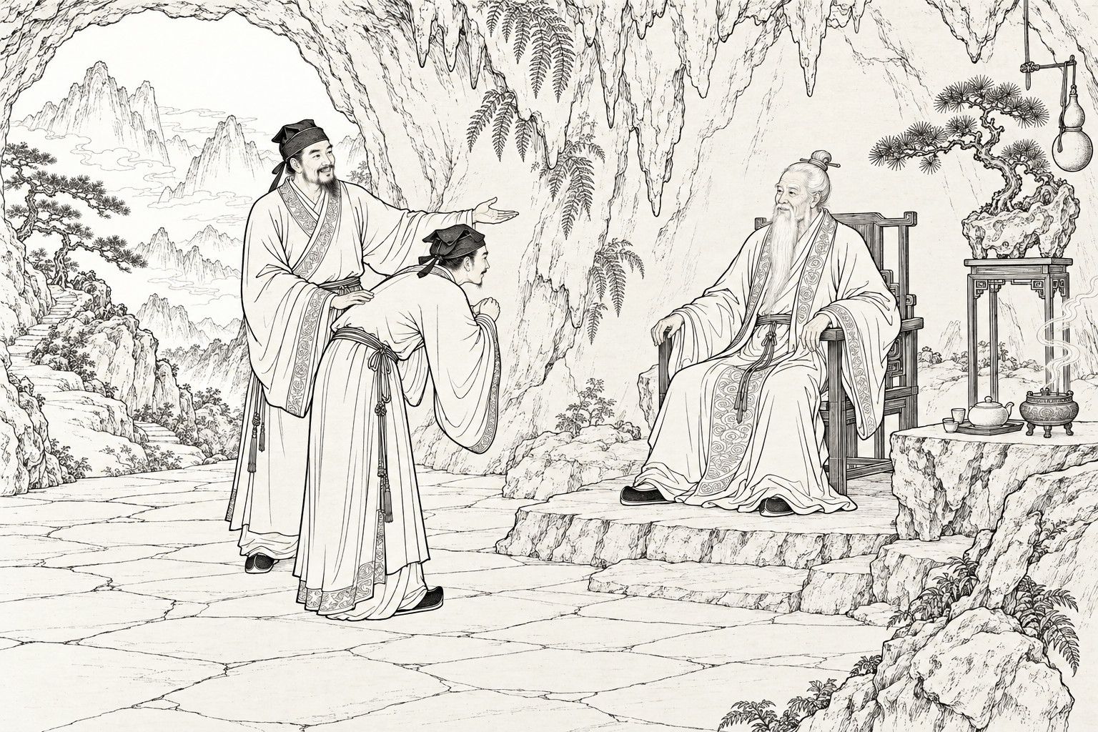 A line drawing in the manner of a late-Qing lithographed edition: in a mountain cave hall opening onto distant peaks, a white-bearded old master sits in a chair; a scholar bows deeply before him with joined hands, while a companion beside him rests a hand on the bowing man's back and gestures toward the master, pleading for him; an incense burner, tea set and a pine on a rock stand nearby.