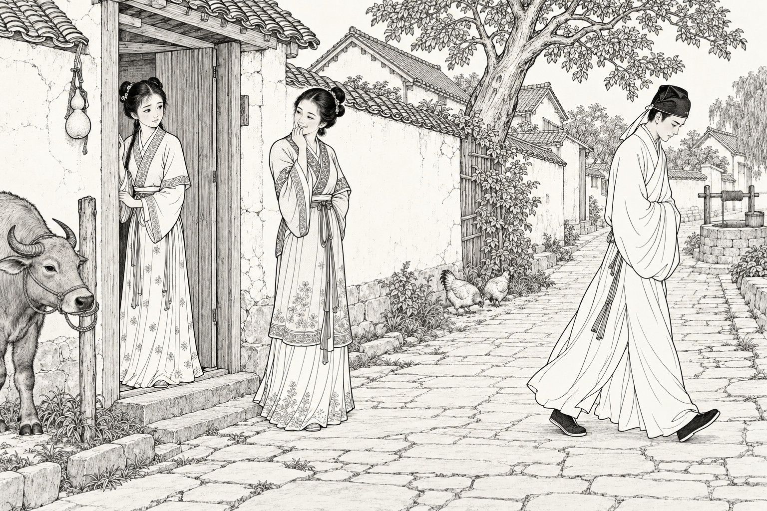 A line drawing in the manner of a late-Qing lithographed edition: on a village lane of paving stones, a young woman leans in a doorway beside a tethered ox, watching a young man in a white robe and cap who walks past with his head lowered; another woman stands by with a hand to her smiling lips, glancing at the girl; a well and a pair of hens are by the wall.