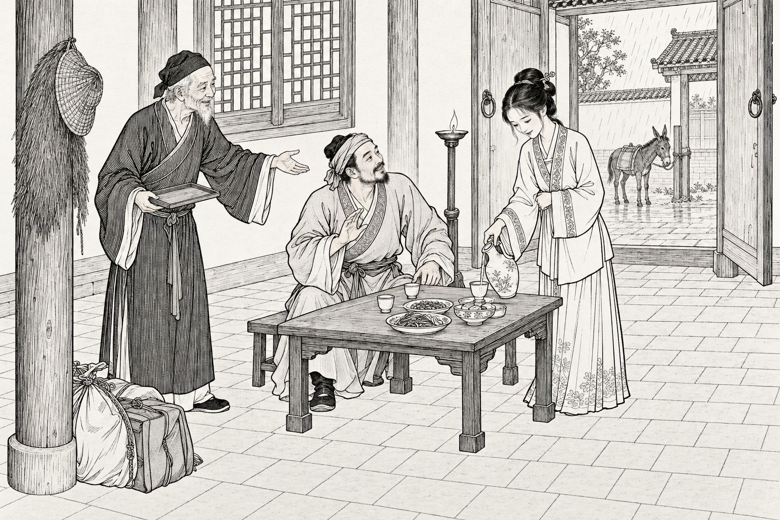 A line drawing in the manner of a late-Qing lithographed edition: on a rainy night in the bare front hall of a country house, an old man in a long gown stands holding a tray and gesturing toward a young woman who pours wine at a low table, while a headbanded traveller sits looking up at her with a raised hand; a lamp stand, a lattice window, a pack on the floor and a donkey tied in the rainy courtyard are seen beyond.