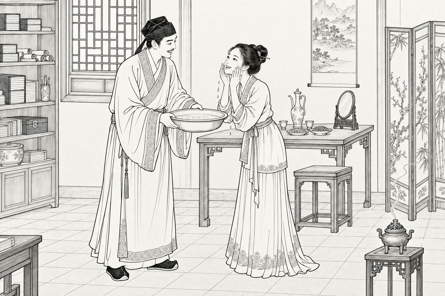 A line drawing in the manner of a late-Qing lithographed edition: in the main room of a modest scholar's house, a young scholar in a soft cap and wide-sleeved gown holds out a round basin of water, smiling, while his young wife, her hands still at her wet cheeks, lifts her face in delighted surprise, with a table set with a wine jug, cups and a small mirror, a bookcase, a lattice window, a folding screen and an incense burner behind them.