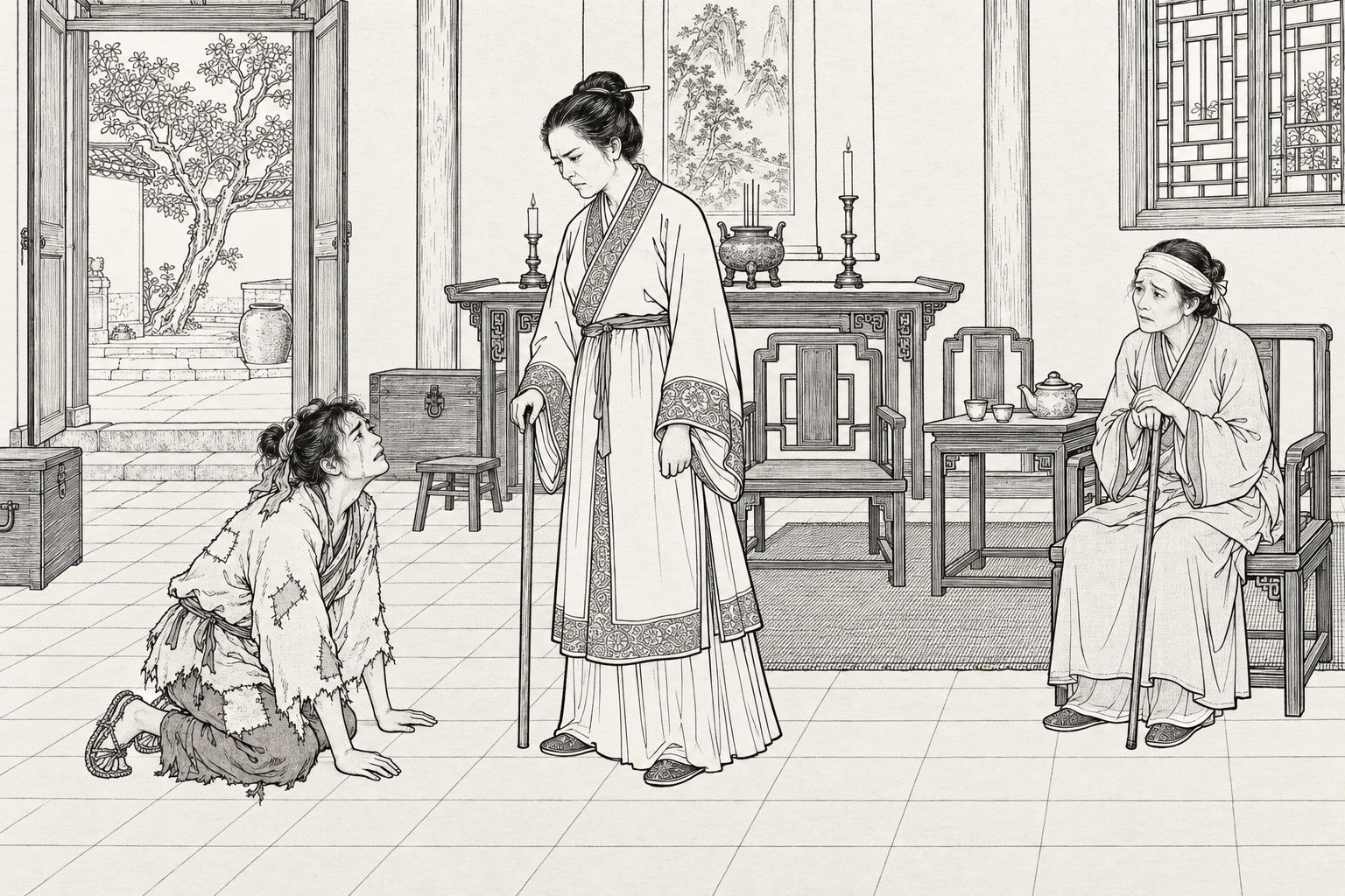 A line drawing in the manner of a late-Qing lithographed edition: In the main hall of a country house by day, a stern middle-aged woman stands holding a staff upright with its tip on the floor and looks down at a ragged, tearful young man kneeling with both hands on the brick floor, while a frail older woman with a cloth band on her brow sits in an armchair at the right leaning on a cane; behind them are an altar table with an incense burner and candlesticks, a hanging scroll, a lattice window, and an open door onto a courtyard with a tree.