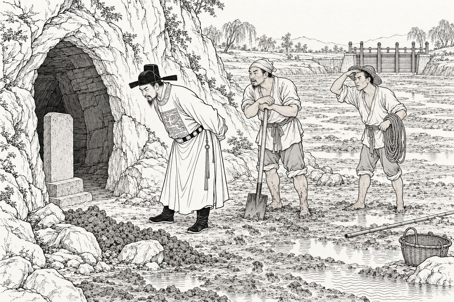 A line drawing in the manner of a late-Qing lithographed edition: on a drained, muddy riverbed, a magistrate in an official's hat bends forward with his hands behind his back to look at a small stone tablet standing in a dark cave mouth cut into the cliff; two laborers stand by, one leaning on a shovel and one shading his eyes with a coil of rope, and a timber sluice gate stands upstream.