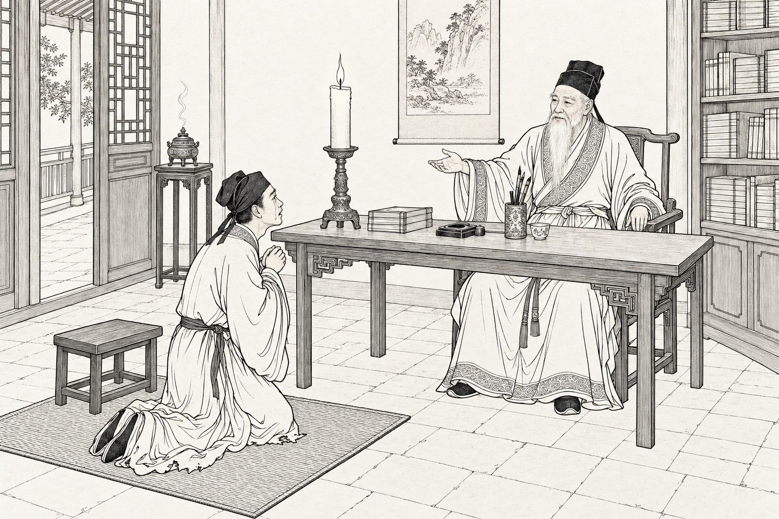 A line drawing in the manner of a late-Qing lithographed edition: in a candlelit study hall, a white-bearded old scholar sits behind a long writing table and raises one hand kindly toward a thin young scholar who kneels on a rush mat with clasped hands and tearful upturned face, with a thick candle, books, inkstone and brush pot on the table, a bookcase, a lattice door and an incense burner behind them.
