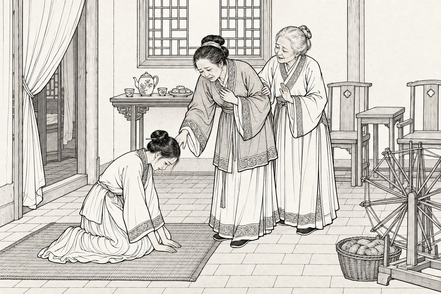 A line drawing in the manner of a late-Qing lithographed edition: in the main room of a country house by day, a young wife kneels weeping on a reed mat with her hands on the floor, while her middle-aged mother-in-law bends toward her in tears with one hand on her chest and the other reaching down, and a white-haired old aunt steadies the mother-in-law's arm and gently calms her, with a curtain, a lattice window, a table with a teapot and cakes, wooden chairs and a spinning wheel with a basket of thread around them.