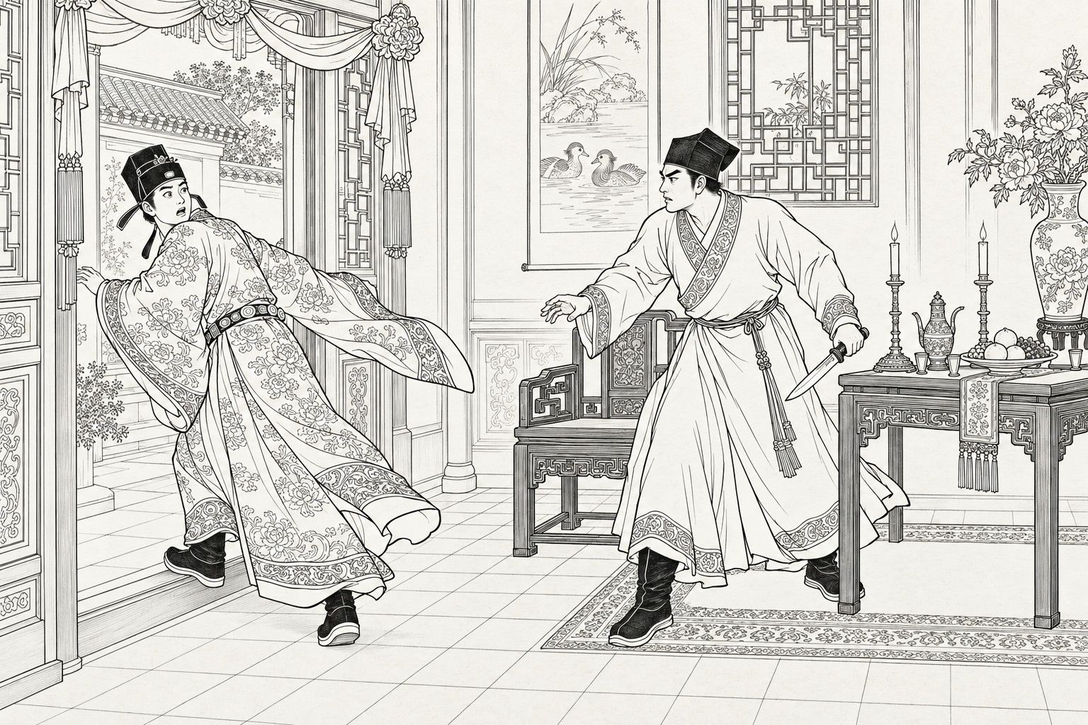 A line drawing in the manner of a late-Qing lithographed edition: on an afternoon in a wedding-decked merchant's hall, a young scholar in a square cap steps forward from beside an armchair with a knife held low and one hand reaching out, while a richly robed bridegroom in the left doorway, beneath hanging silk festoons, twists back in alarm as he turns to flee, with a table of candlesticks, wine pot and fruit, a peony vase and a mandarin-duck scroll behind them.