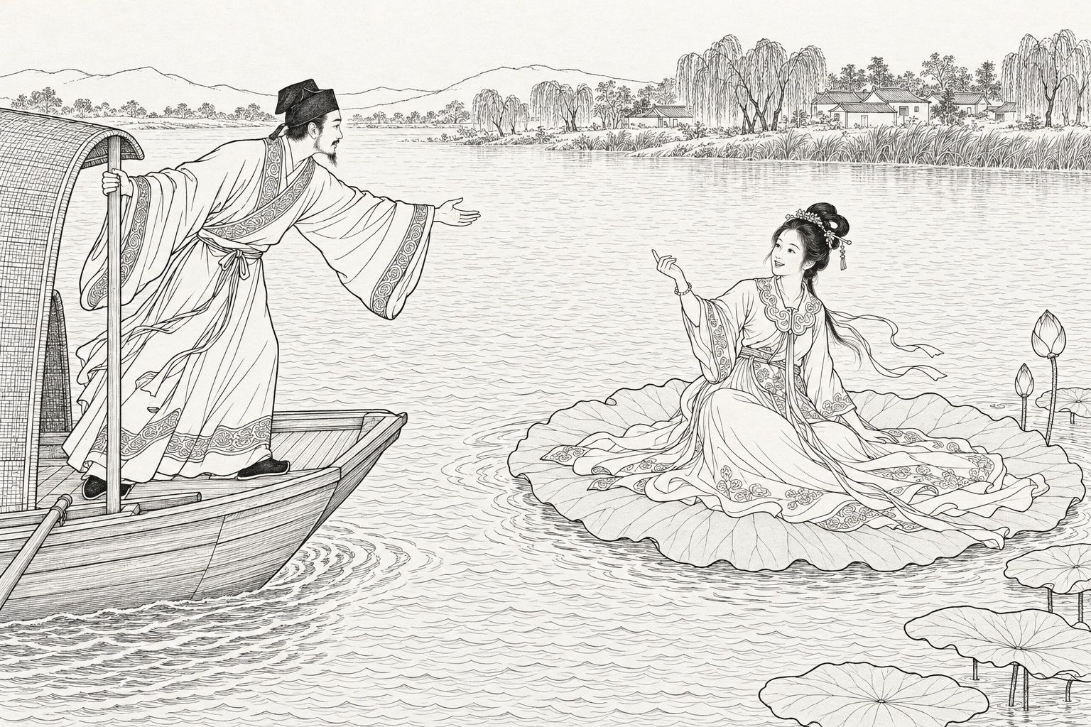 A line drawing in the manner of a late-Qing lithographed edition: on a broad summer river in daylight, a scholar in a soft cap and wide-sleeved gown stands in the bow of a small mat-awninged boat, one hand on the awning pole and the other stretched out, while a smiling young woman with a high hair coil sits on a huge lotus leaf and beckons him, with lotus buds, reeds, willows, a village and distant hills behind.