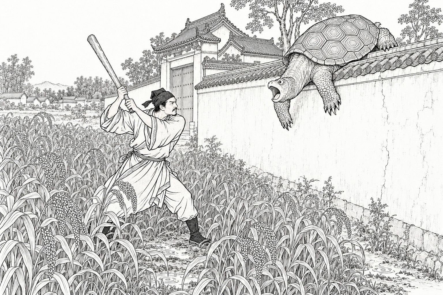 A line drawing in the manner of a late-Qing lithographed edition: at the edge of a village shortly before dawn, a lean scholar in a cloth cap and a long gown with the hem tucked up stands in thick millet and raises a wooden cudgel with both hands, while an enormous patterned turtle climbs down a tall tiled wall beside a large house, its mouth wide open in surprise.
