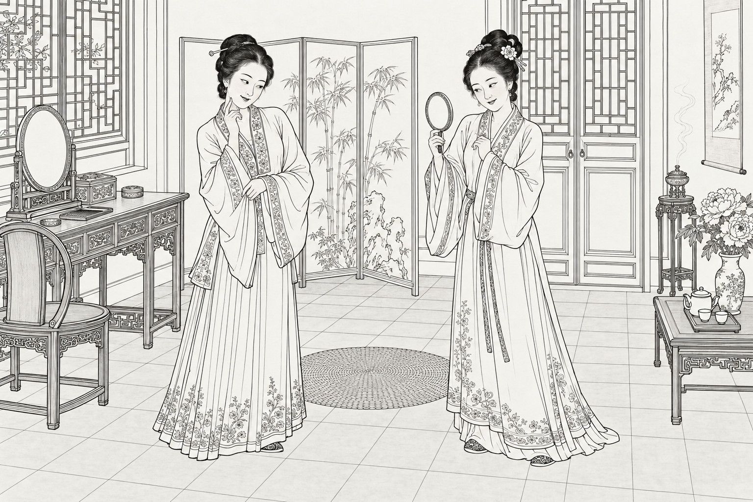 A line drawing in the manner of a late-Qing lithographed edition: in the inner room of a townhouse by day, two women in long pleated skirts and wide-sleeved gowns face each other, one tilting her head with a sidelong smile and a finger raised to her cheek, the other holding up a small round hand mirror and copying the look, with a dressing table, a bamboo screen, a lattice door, a vase of peonies and a tea table around them.