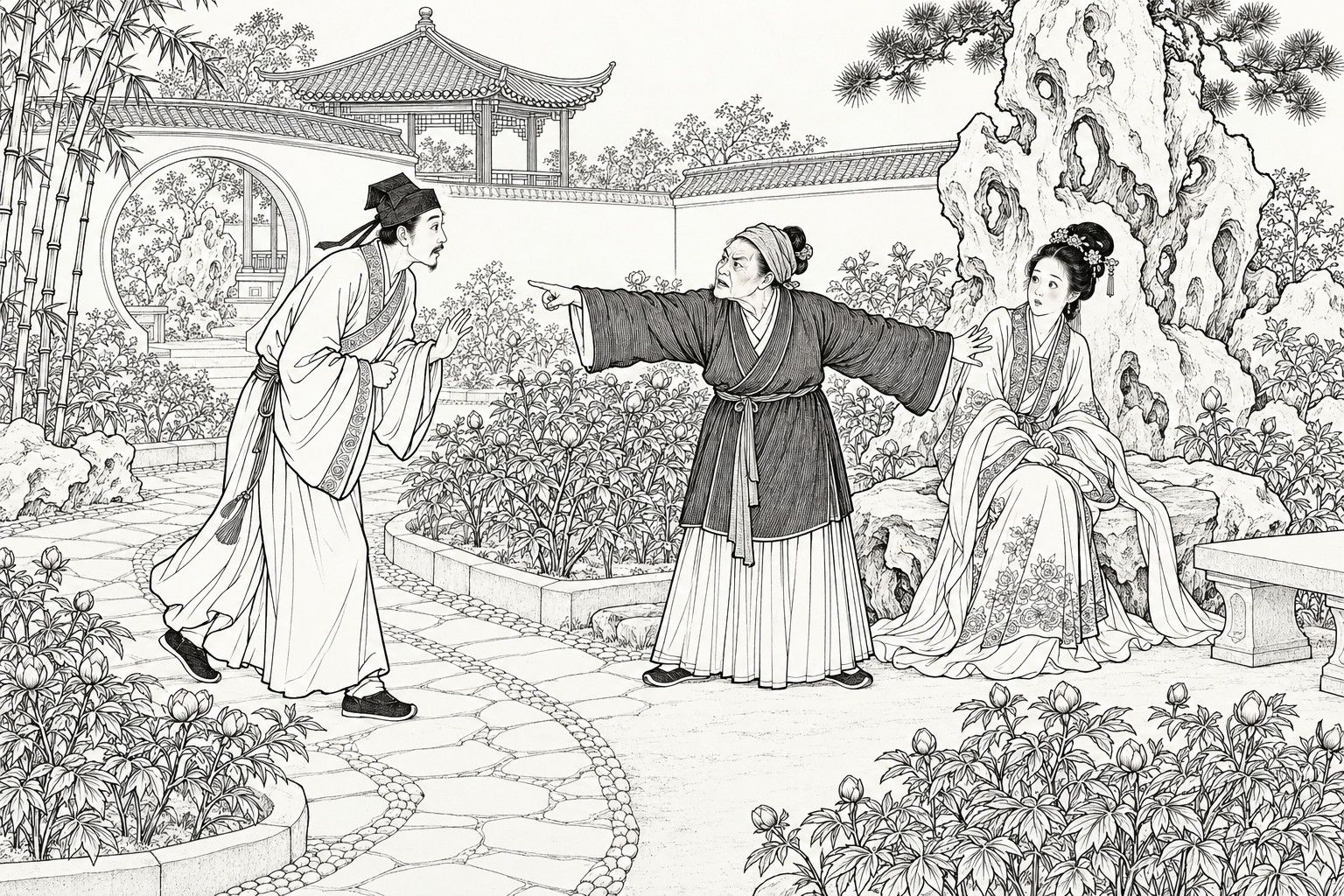 A line drawing in the manner of a late-Qing lithographed edition: in a peony garden with a moon gate and pavilion, a young scholar stops short on the stone path, half bowing with a raised hand; an angry old maidservant stretches one arm out to shield the young woman sitting on a rock behind her and jabs a finger at him, while the young woman looks on startled.