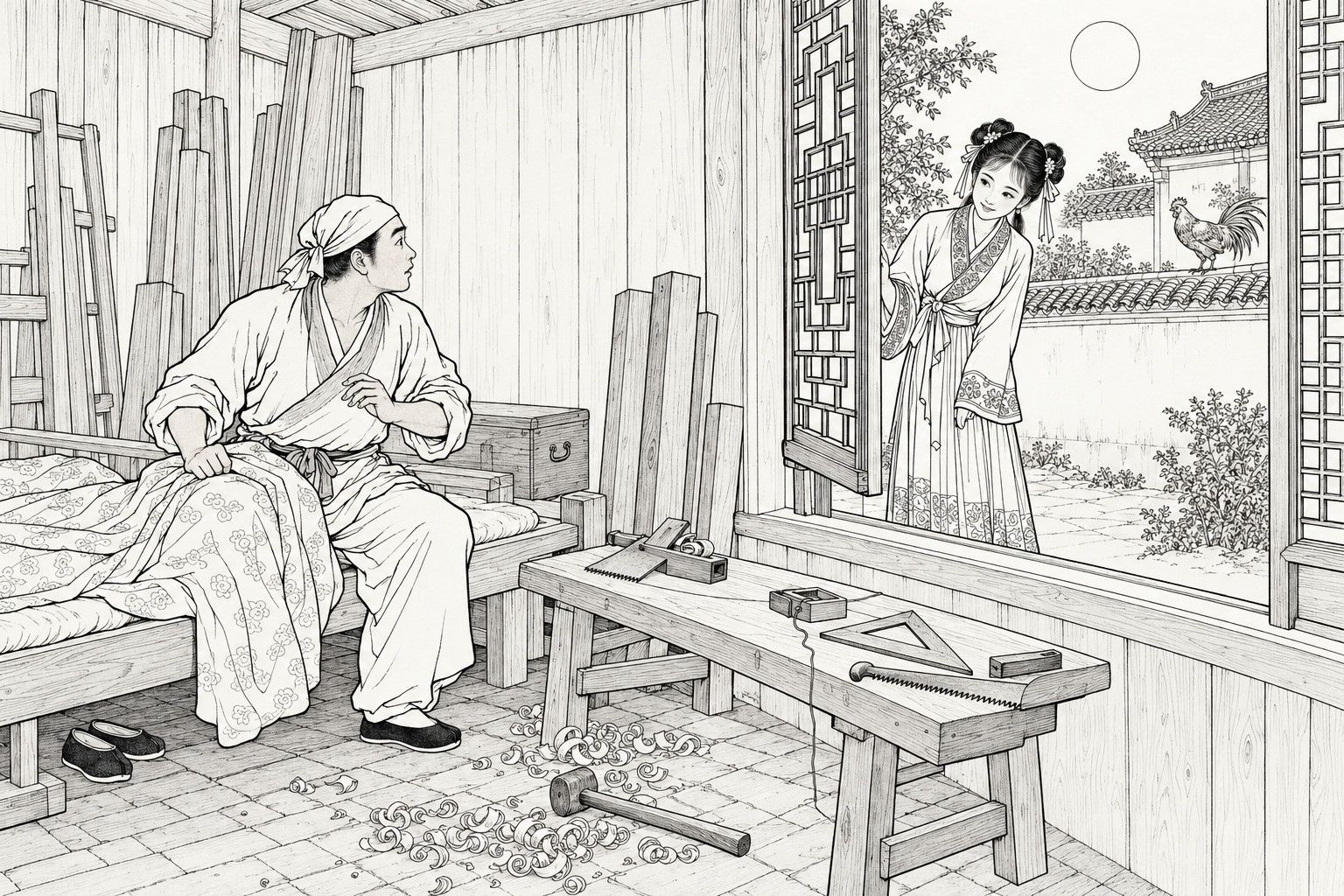A line drawing in the manner of a late-Qing lithographed edition: on a moonlit night in a carpenters' lodging room, a kerchiefed young carpenter sits up on a plank bed with a quilt over his knees and looks in surprise toward a half-open latticed window, where a smiling girl in a long skirt leans in with one hand on the window leaf, while a rooster stands on the courtyard wall behind her and a round moon hangs in the sky, with a workbench, tools, timbers and wood shavings in the room.