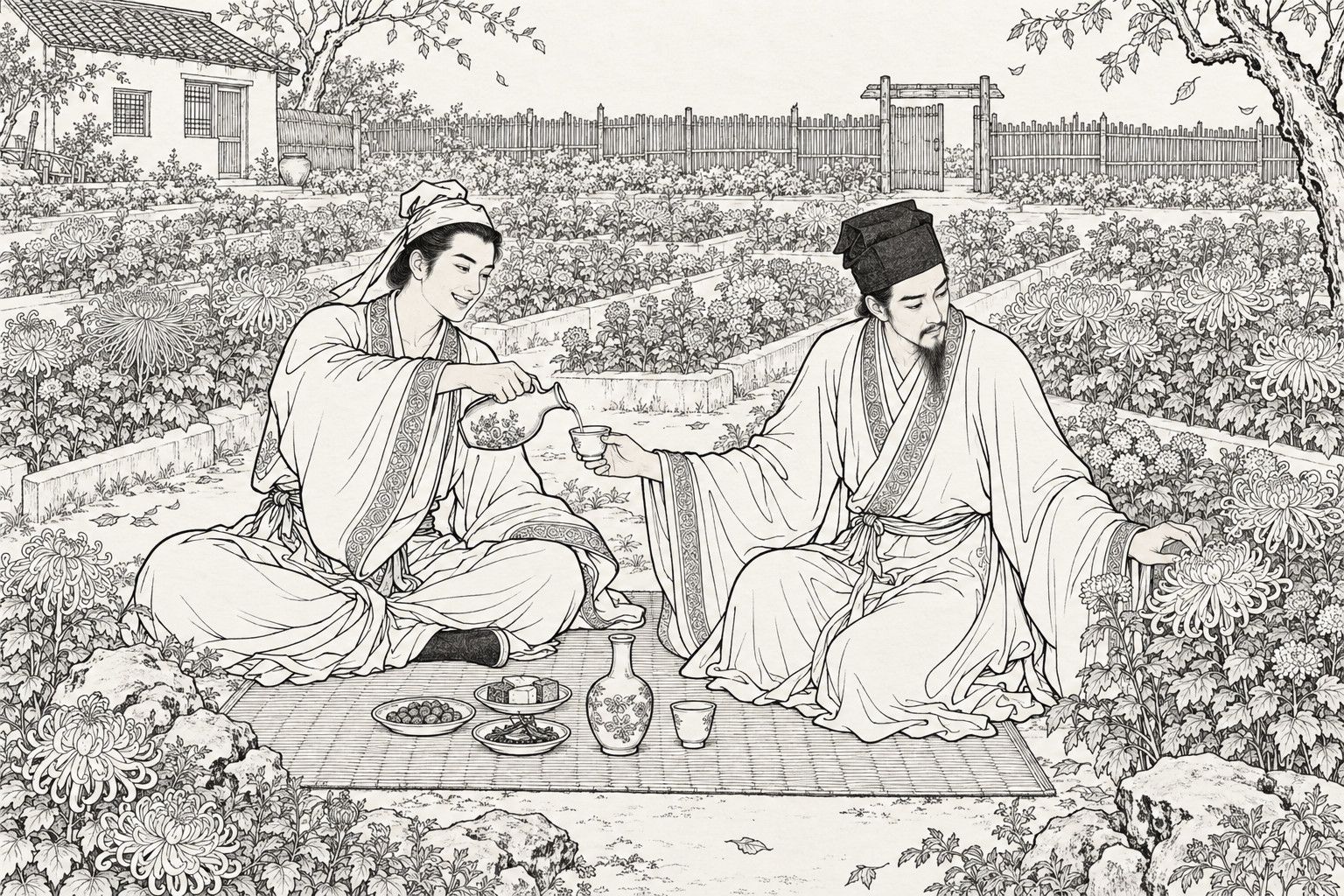 A line drawing in the manner of a late-Qing lithographed edition: in a garden of chrysanthemum beds with a bamboo fence and a thatched house, two men sit on a straw mat with a flask, a cup and small dishes before them; at the left a carefree young man in a head-cloth smiles as he pours wine from a jug into the cup held out by a thin, upright, bearded scholar in a square cap, who leans toward the chrysanthemums at the right and touches a bloom with his other hand.