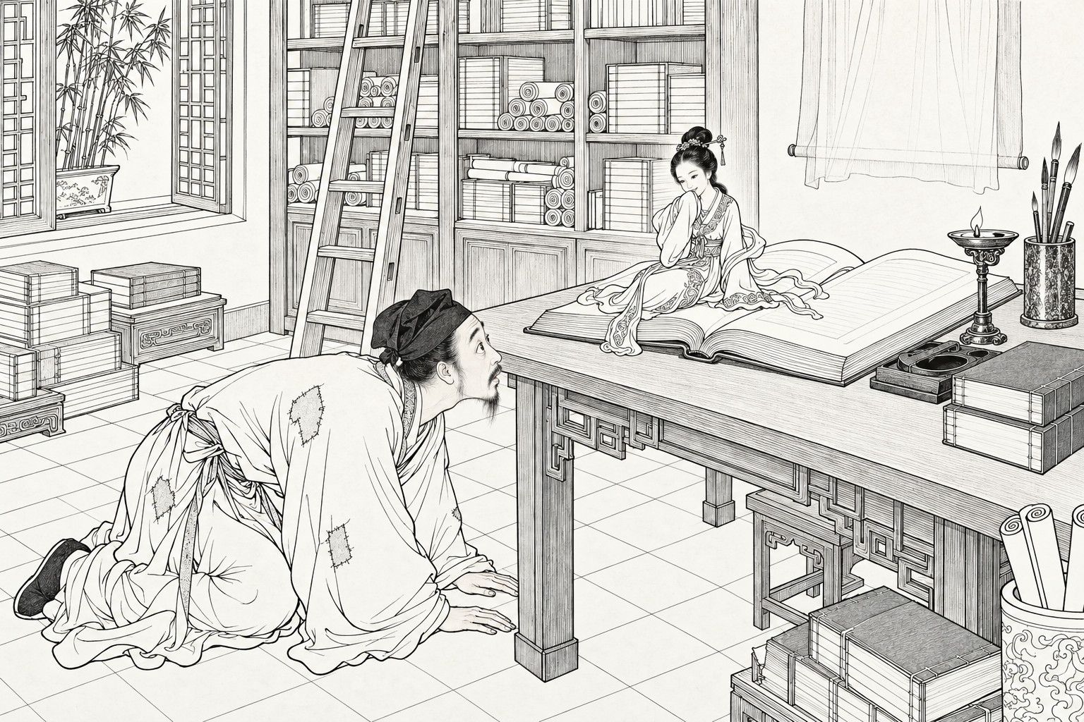 A line drawing in the manner of a late-Qing lithographed edition: in a book-filled study, a scholar in a patched robe kneels on the floor with both hands pressed down, bowing his head and staring up in awe at a tiny woman in a fine robe who has sat up from an open volume on the desk and rests her chin on her hand, smiling; a lamp, brush pot and stacks of books stand on the desk.