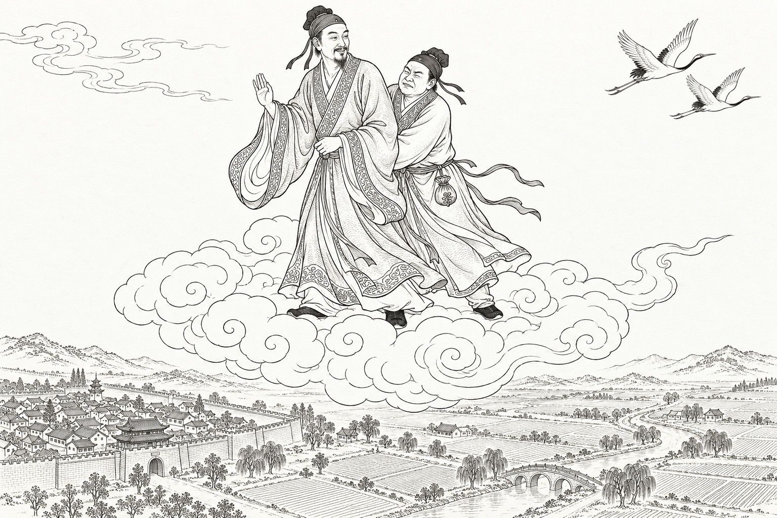 A line drawing in the manner of a late-Qing lithographed edition: in clear daylight, high above a walled town and its fields, a smiling bearded man in a wide-sleeved robe stands on a rolling cloud with one hand raised, while a man behind him clings to his waist with his face screwed up and eyes shut; far below lie a gate tower, city wall, a stone bridge, willows and farmland, and two cranes fly at upper right.